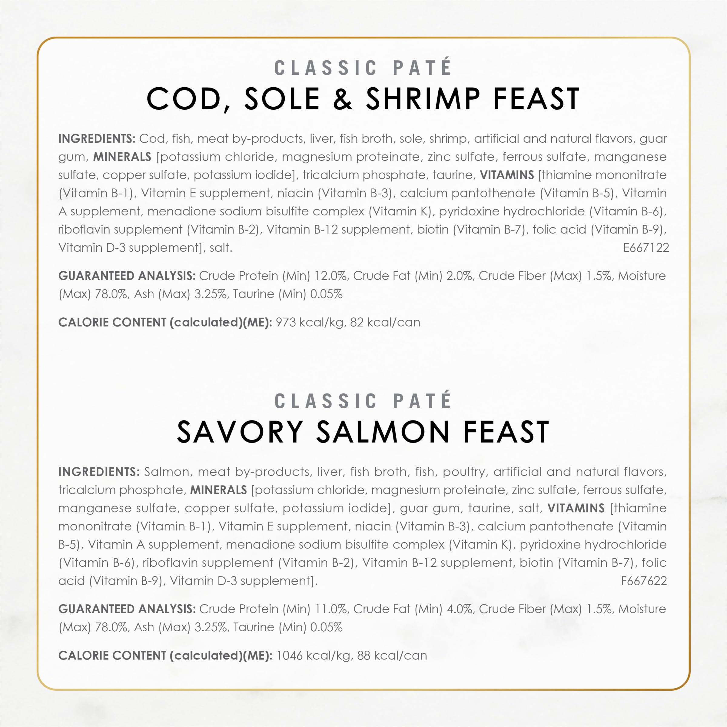 Purina Fancy Feast Colección Clásica de Mariscos en Paté — Alimento Húmedo para Gatos sin Granos, Variedad de Bacalao, Salmón, Camarón y Atún, Pack de 36 Latas de 85g