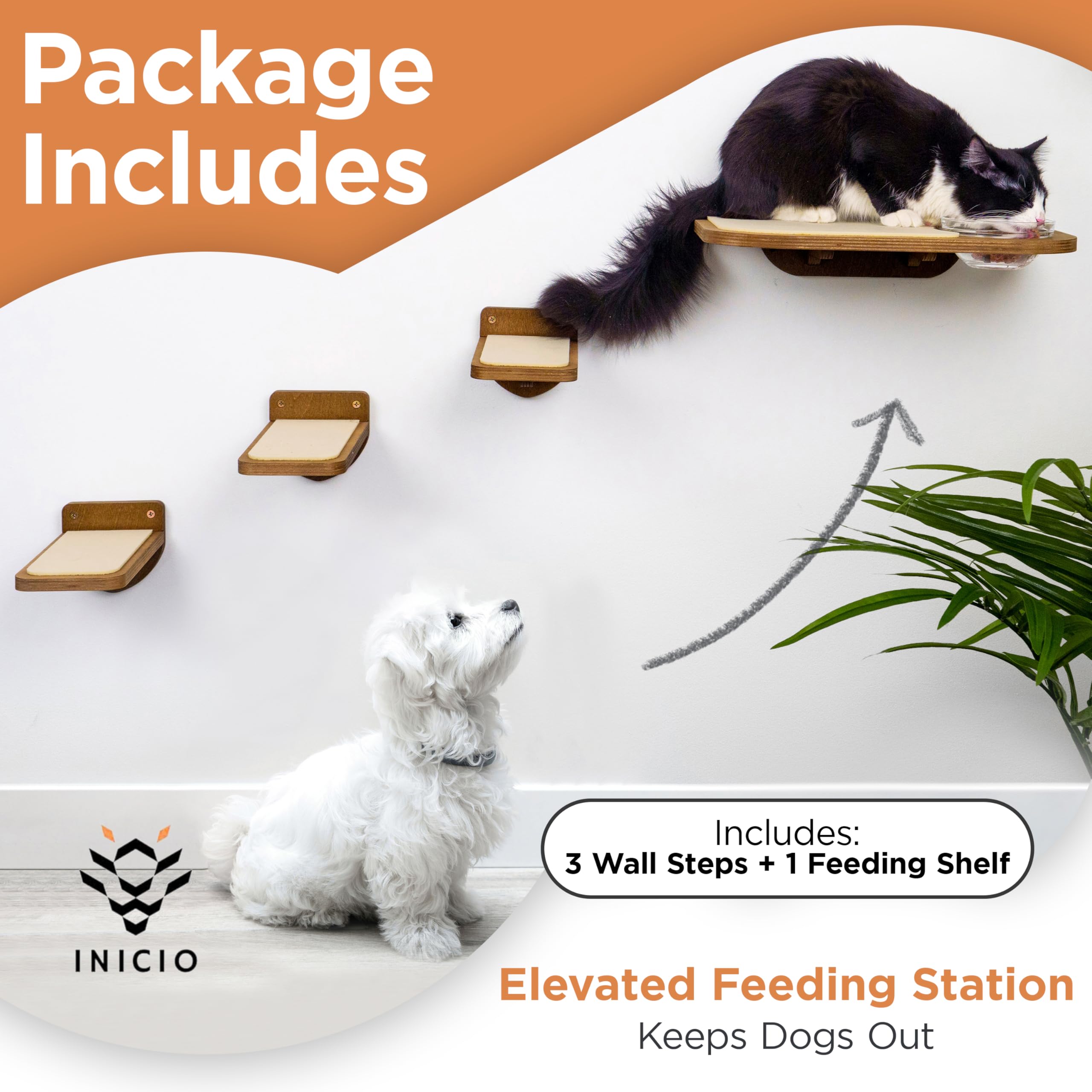 Estantes de Abedul para Gatos — Mueble de Pared con 3 Escalones y Tazones de Vidrio para Alimentación