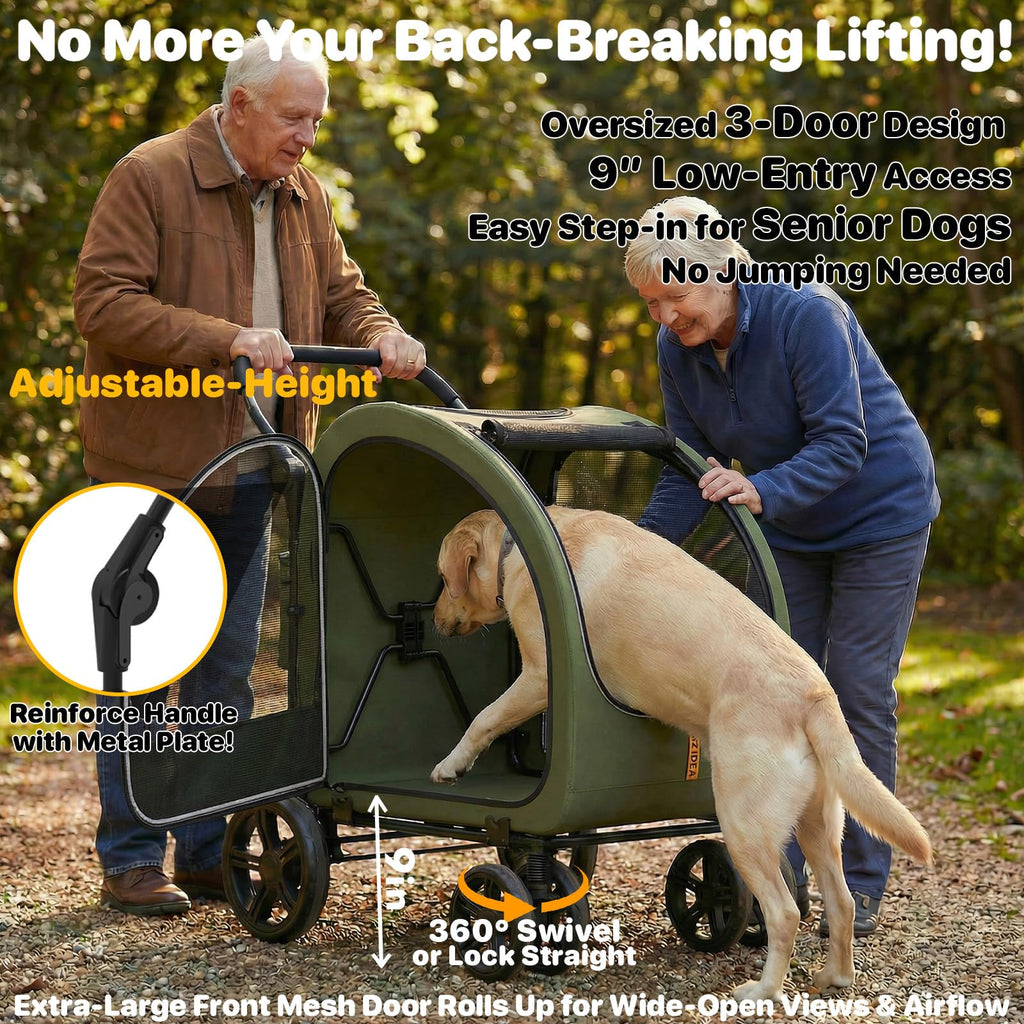 PAWZIDEA 3-in-1 Large Dog Stroller with Detachable Carrier up to 80lbs, Portable Dog Car Crate & Travel Kennel, Foldable Pet Stroller for 2 Medium Dogs, All-Terrain 9” Jogger Wheels, Adjustable Handle