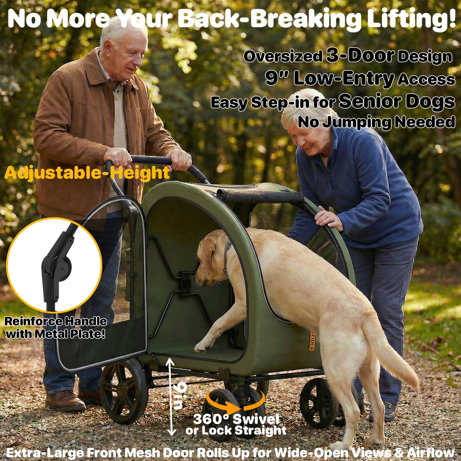 PAWZIDEA 3-in-1 Large Dog Stroller with Detachable Carrier up to 80lbs, Portable Dog Car Crate & Travel Kennel, Foldable Pet Stroller for 2 Medium Dogs, All-Terrain 9” Jogger Wheels, Adjustable Handle