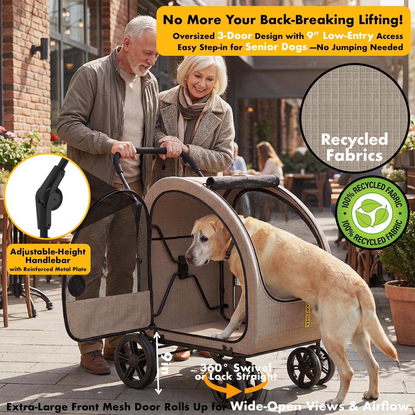 PAWZIDEA 3-in-1 Large Dog Stroller with Detachable Carrier up to 80lbs, Portable Dog Car Crate & Travel Kennel, Foldable Pet Stroller for 2 Medium Dogs, All-Terrain 9” Jogger Wheels, Adjustable Handle