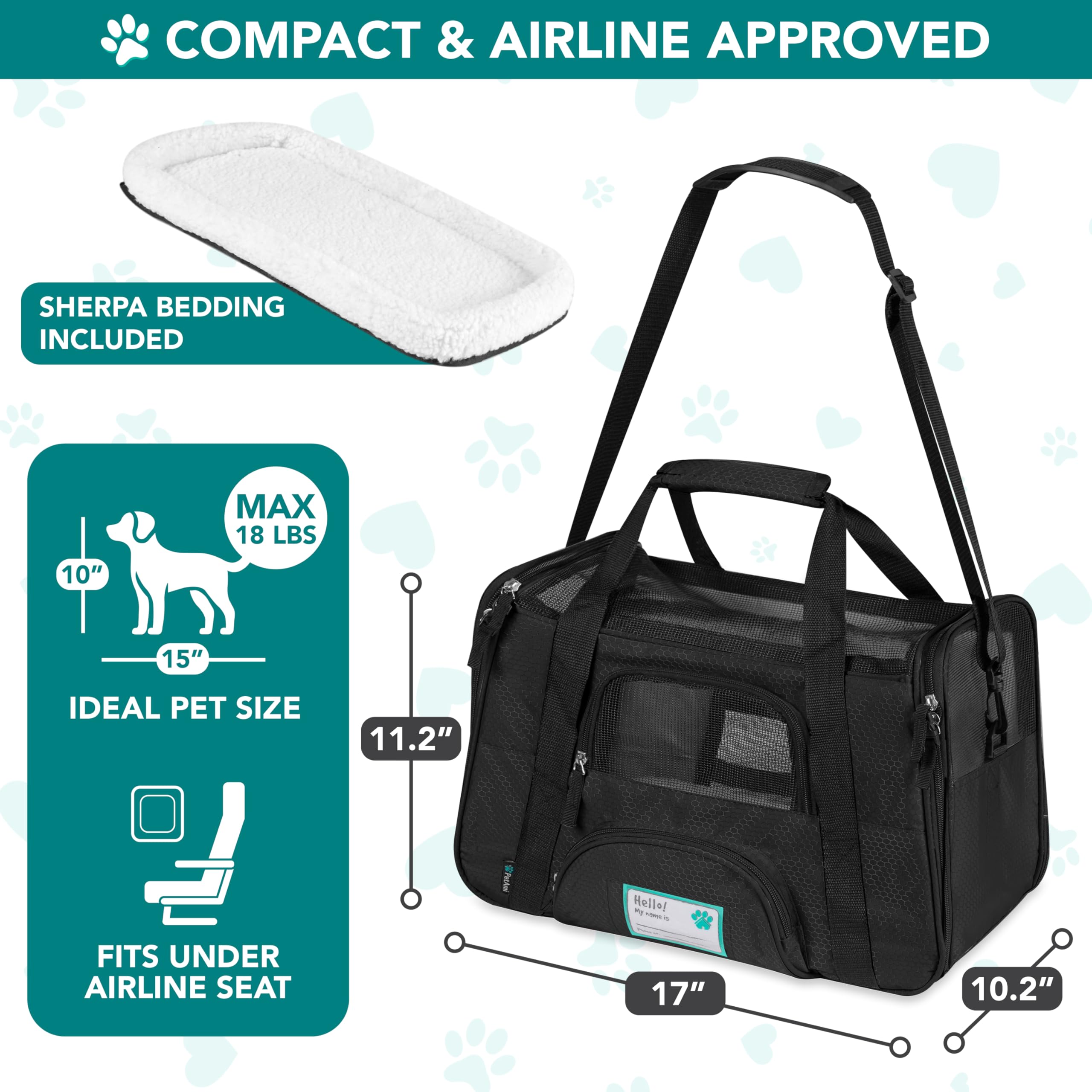 PetAmi — Transportadora de Viaje Aprobada por Aerolíneas con Cama Sherpa para Gatos y Perros Pequeños
