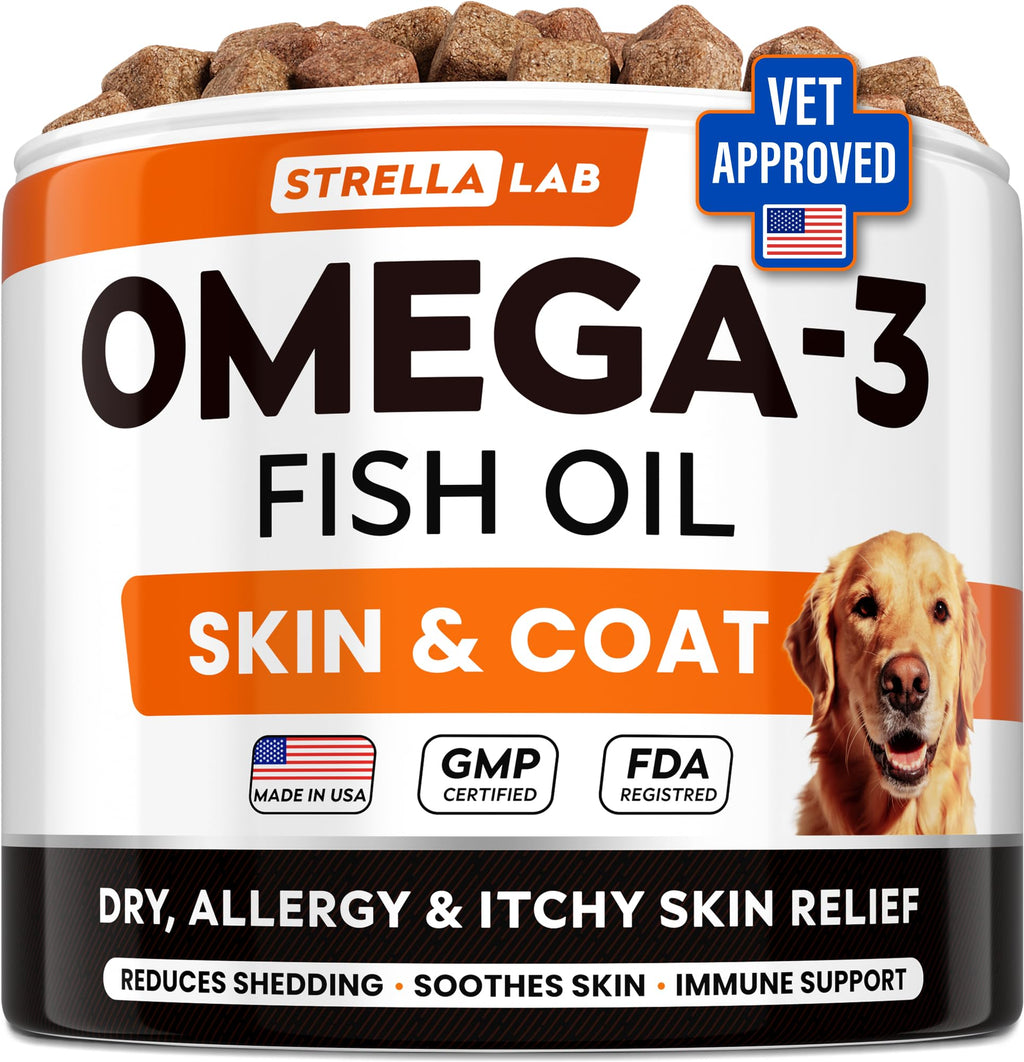 StrellaLab Fish Oil — Gomitas de Omega 3 para Perros con Alivio de Alergias, Comezón y Muda de Pelo