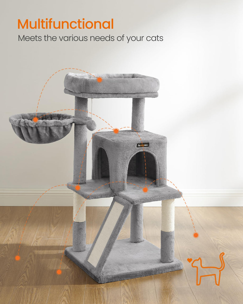 Feandrea Torre para Gatos Multinivel — Árbol Rascador con Percha Ampliada para Gatos Grandes y Cachorros, 96 cm