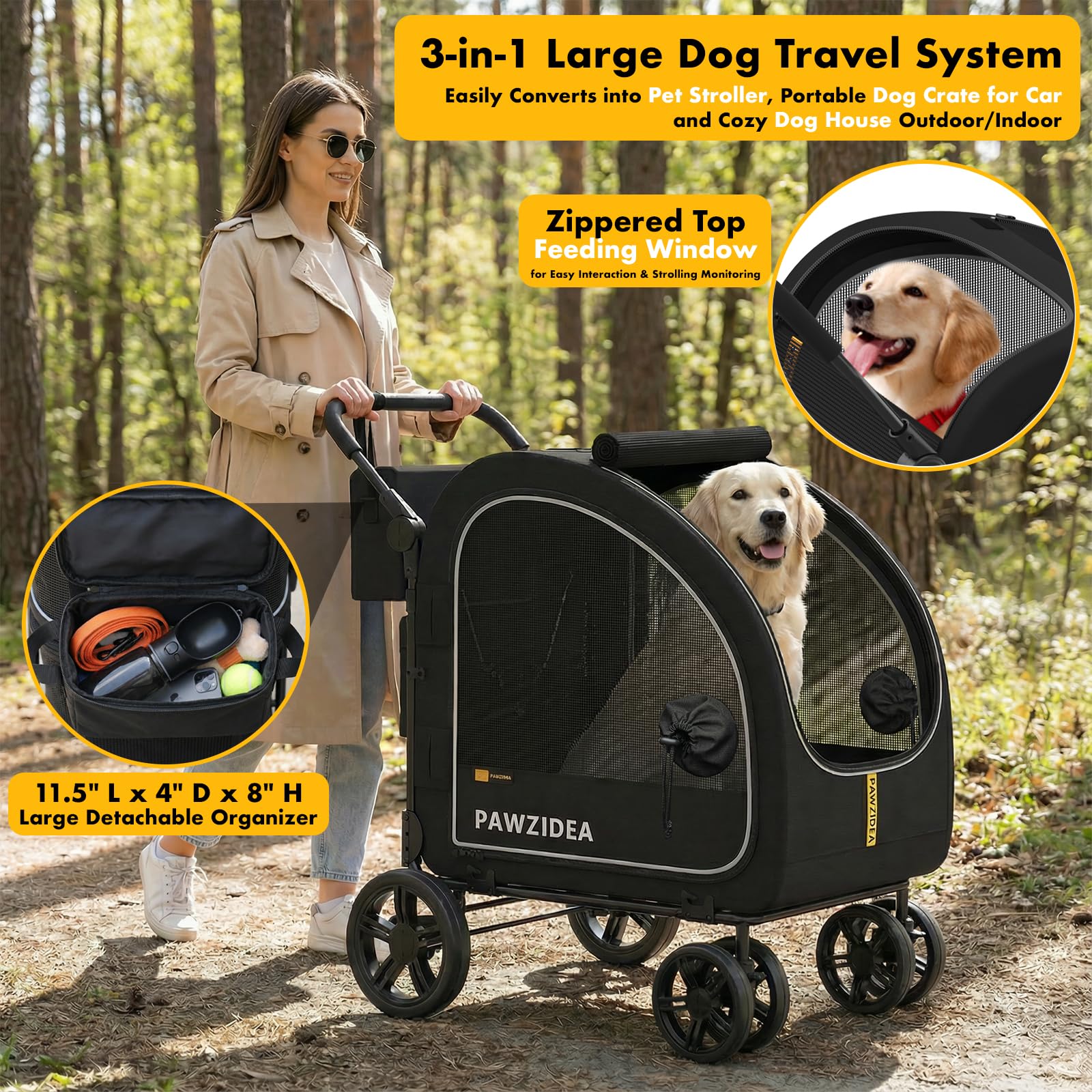 PAWZIDEA 3-in-1 Large Dog Stroller with Detachable Carrier up to 80lbs, Portable Dog Car Crate & Travel Kennel, Foldable Pet Stroller for 2 Medium Dogs, All-Terrain 9” Jogger Wheels, Adjustable Handle