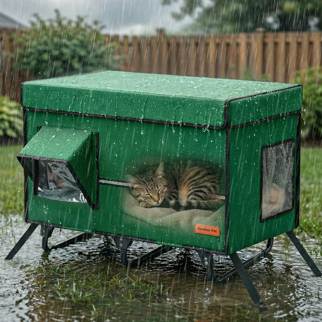 Casa Refugio Plegable para Gatos — Refugio Exterior Aislado e Impermeable con Marco Metálico, Puerta de Escape y Cojín Calefactor para Gatos y Animales Pequeños