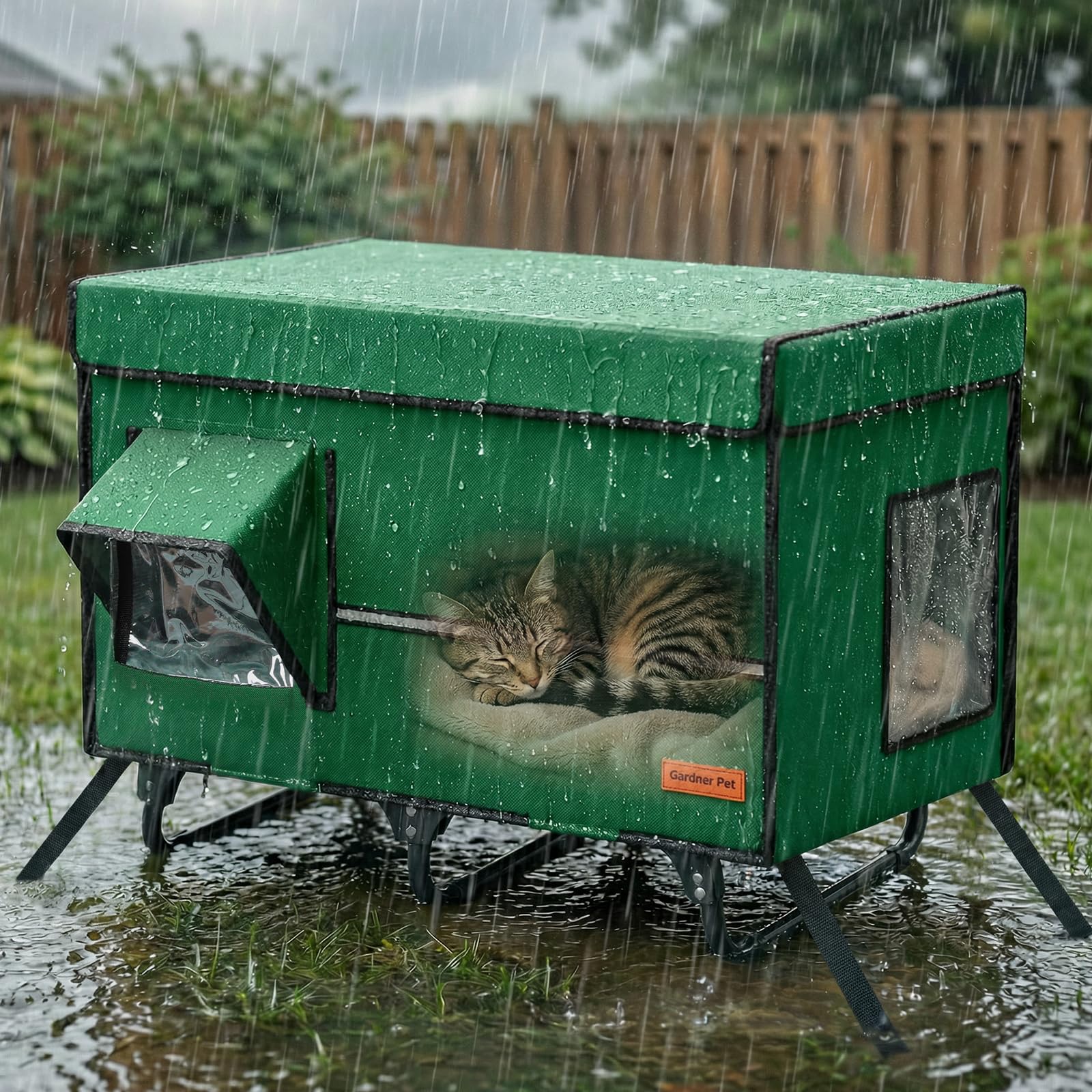Casa Refugio Plegable para Gatos — Refugio Exterior Aislado e Impermeable con Marco Metálico, Puerta de Escape y Cojín Calefactor para Gatos y Animales Pequeños