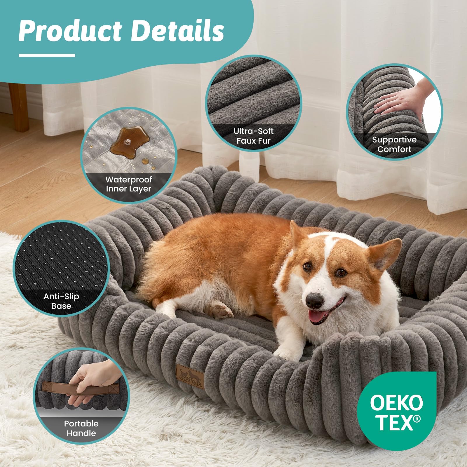 Cama Ortopédica Rectangular Lavable con Lados Elevados y Base Antideslizante — Cama Calmante para Perros y Gatos de Interior