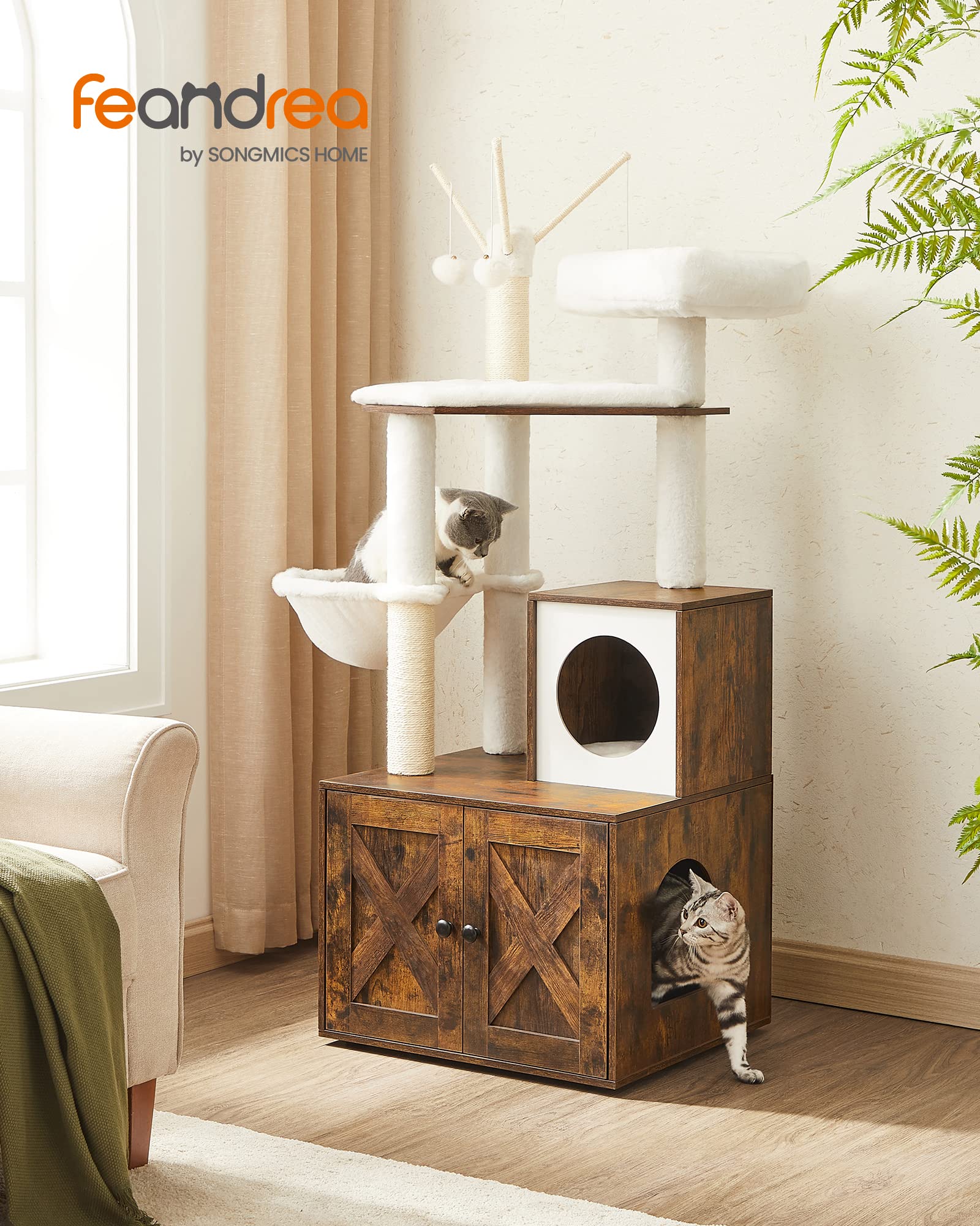 Feandrea Torre Rascador para Gato con Mueble para Arenero Integrado — Centro de Actividades 2 en 1 con Cojines Lavables y Postes de Sisal
