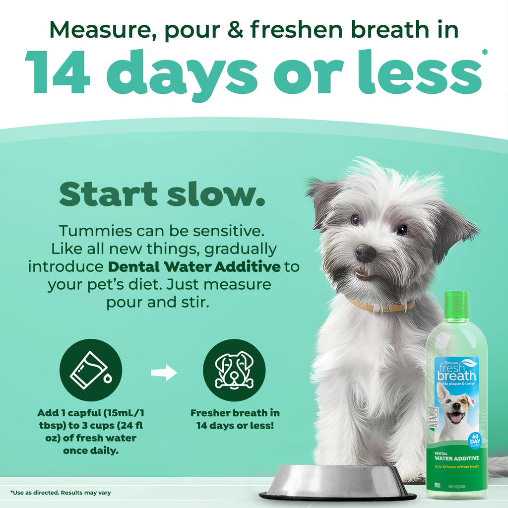 TropiClean Fresh Breath — Aditivo Dental para Agua, Limpieza de Dientes y Aliento Fresco para Perros