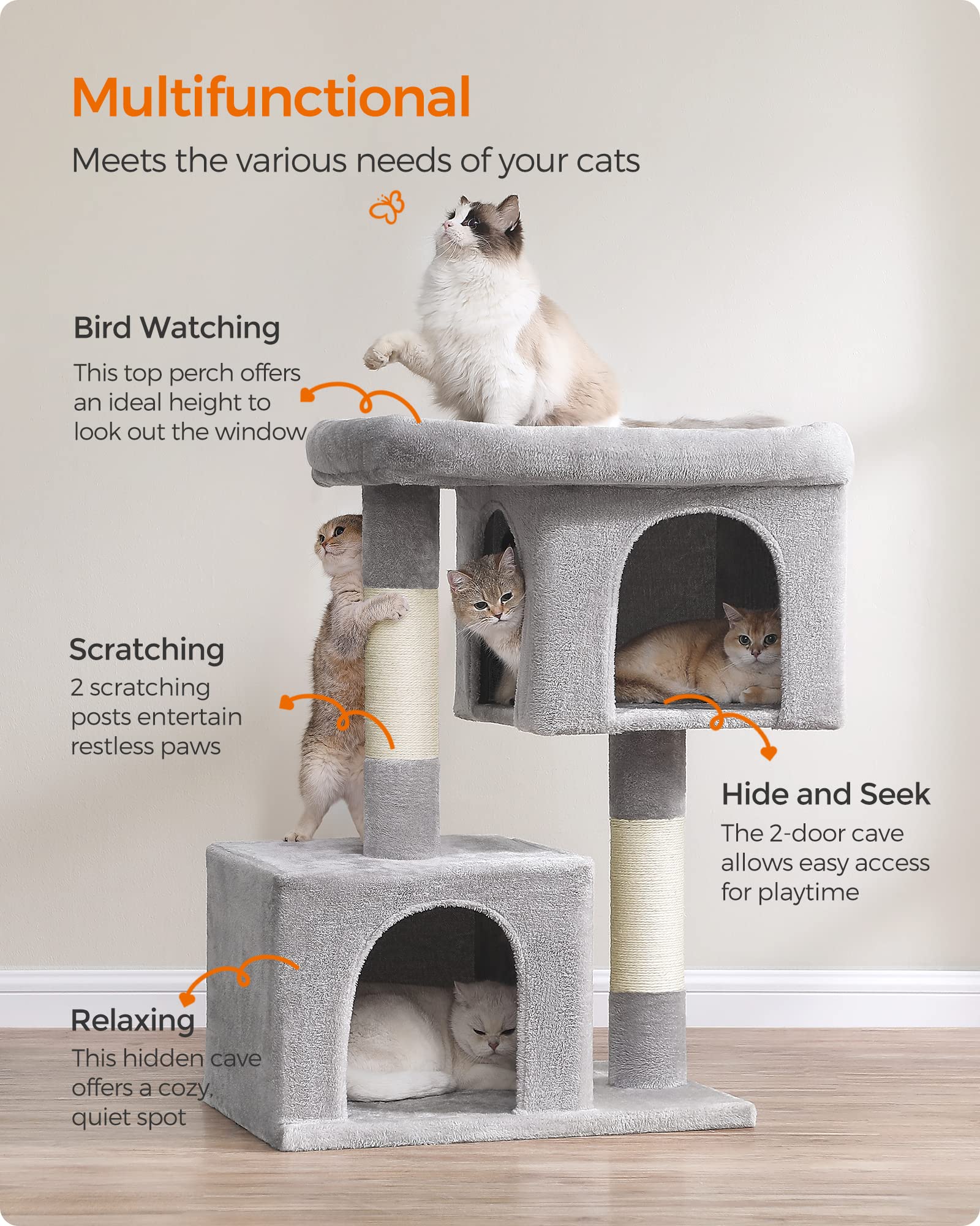 Feandrea — Torre Rascador para Gatos con Condo, Perchas y Postes de Sisal