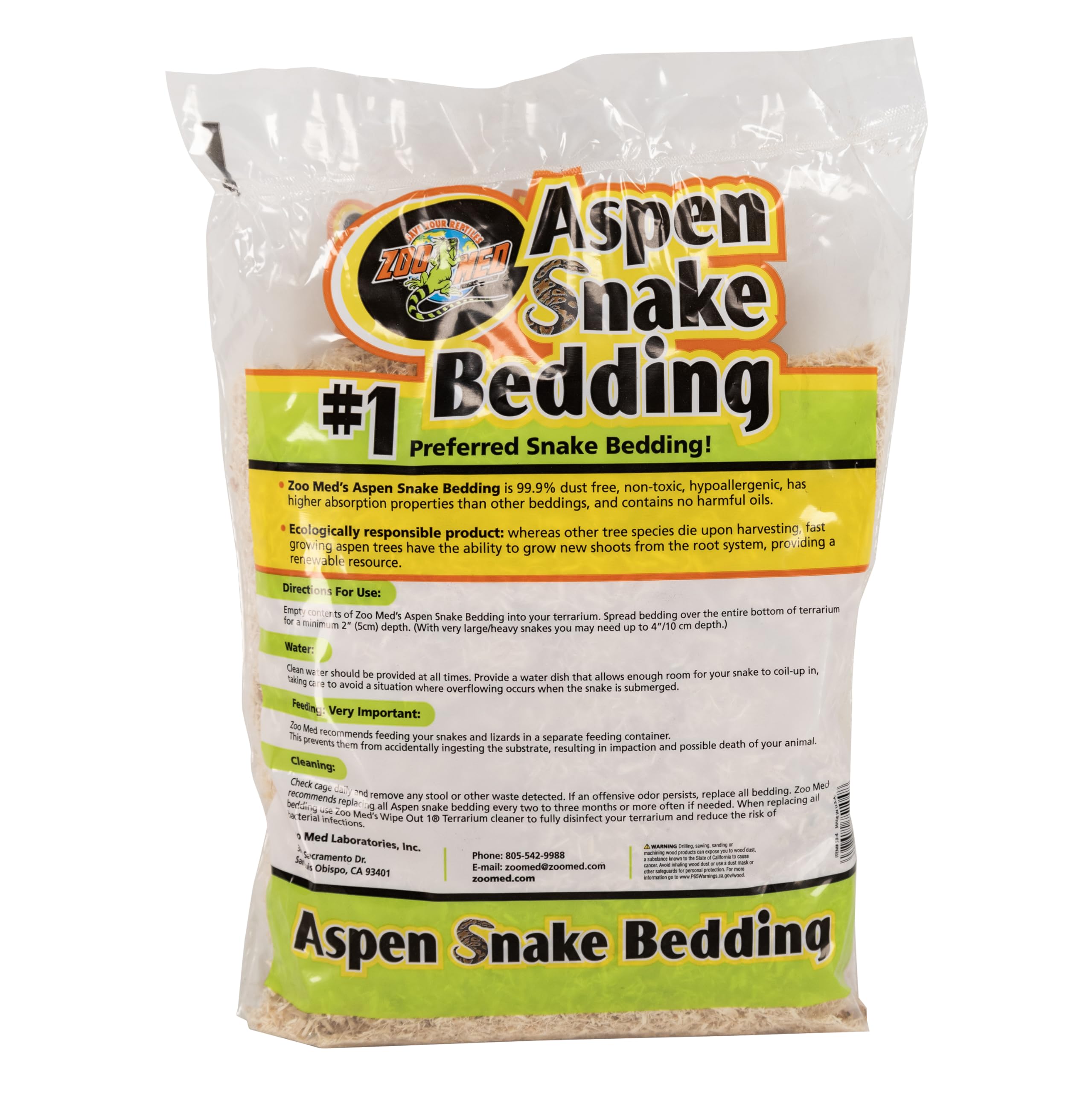 Zoo Med Aspen Snake Bedding — Sustrato Natural de Álamo para Serpientes, Lagartos, Tortugas, Tarántulas e Insectos, 4 Quartos (casi 4 litros), 99.9% Libre de Polvo