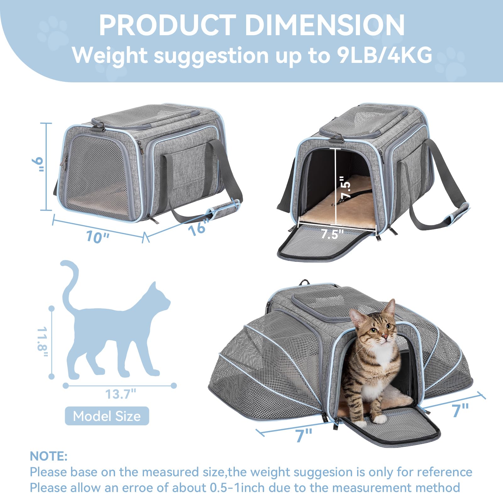 Petsfit — Transportadora Expandible para Gatos y Perros Pequeños, Aprobada por Aerolíneas, Plegable, Lavable y a Prueba de Escapes con 2 Paneles de Expansión