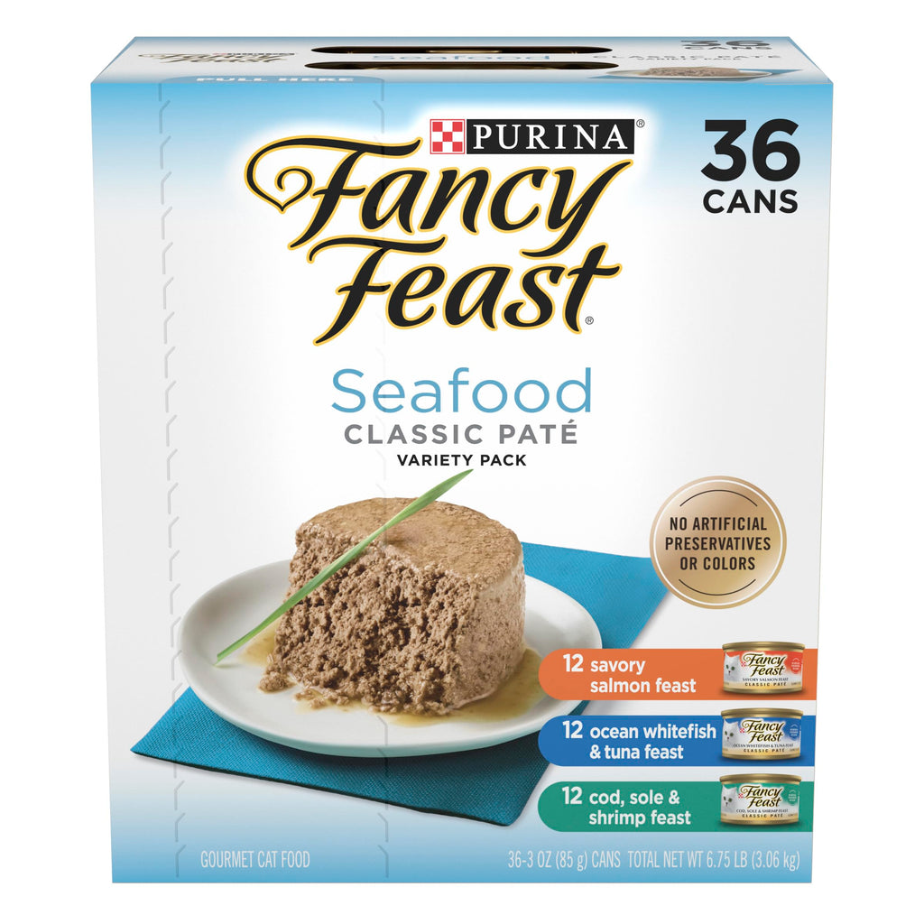 Purina Fancy Feast Colección Clásica de Mariscos en Paté — Alimento Húmedo para Gatos sin Granos, Variedad de Bacalao, Salmón, Camarón y Atún, Pack de 36 Latas de 85g
