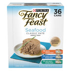 Purina Fancy Feast Colección Clásica de Mariscos en Paté — Alimento Húmedo para Gatos sin Granos, Variedad de Bacalao, Salmón, Camarón y Atún, Pack de 36 Latas de 85g