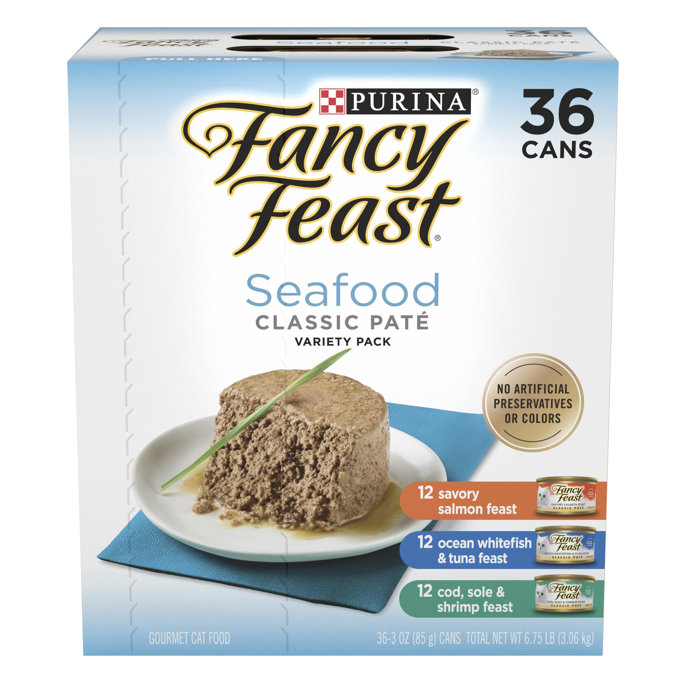 Purina Fancy Feast Colección Clásica de Mariscos en Paté — Alimento Húmedo para Gatos sin Granos, Variedad de Bacalao, Salmón, Camarón y Atún, Pack de 36 Latas de 85g