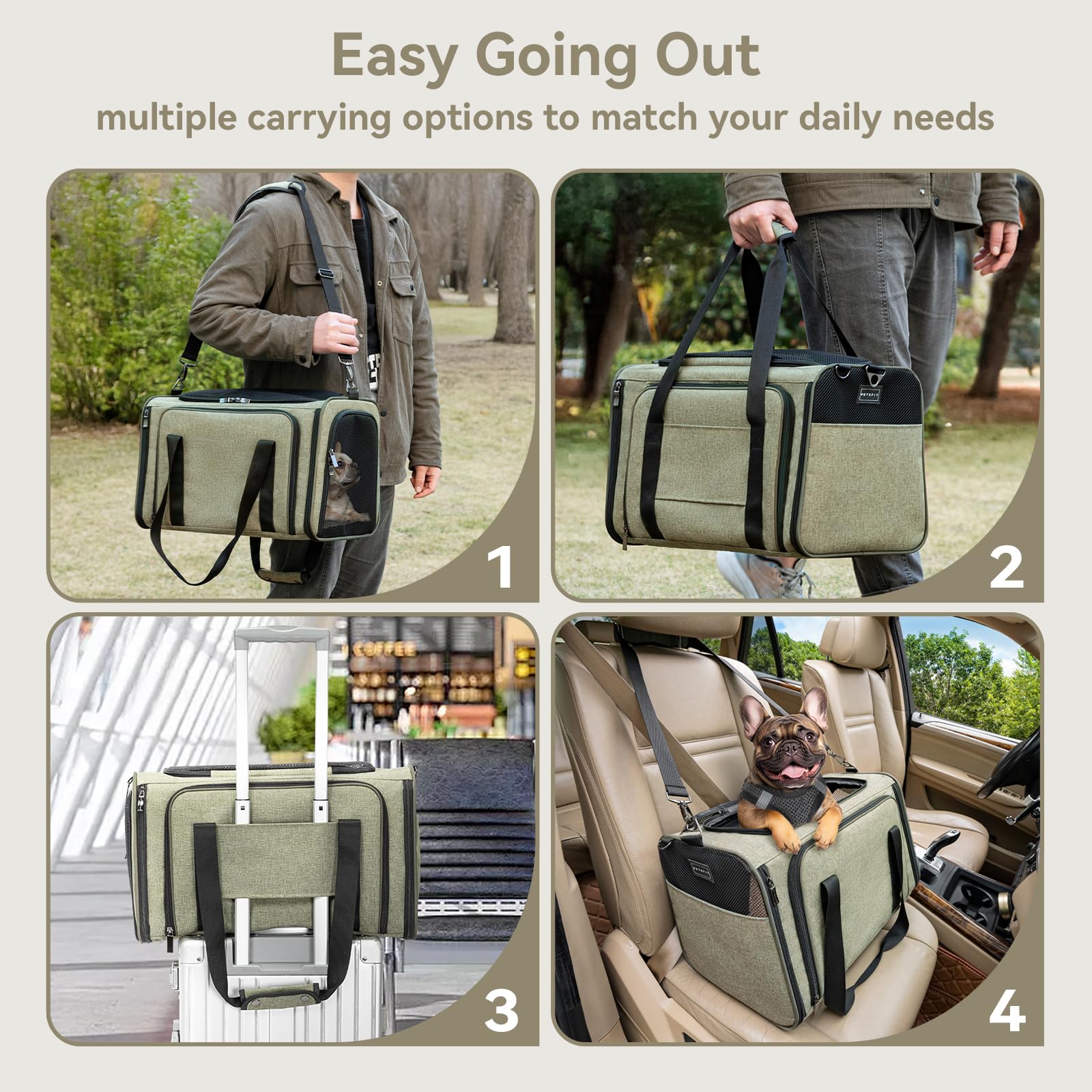 Petsfit — Transportadora Expandible para Gatos y Perros Pequeños, Aprobada por Aerolíneas, Plegable, Lavable y a Prueba de Escapes con 2 Paneles de Expansión