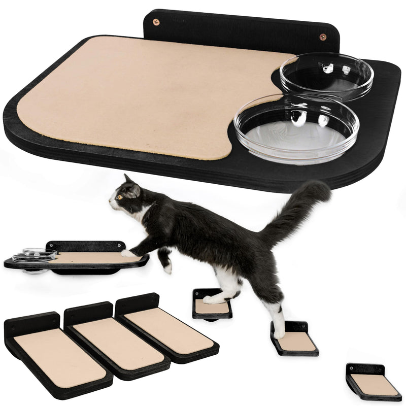 Estantes de Abedul para Gatos — Mueble de Pared con 3 Escalones y Tazones de Vidrio para Alimentación