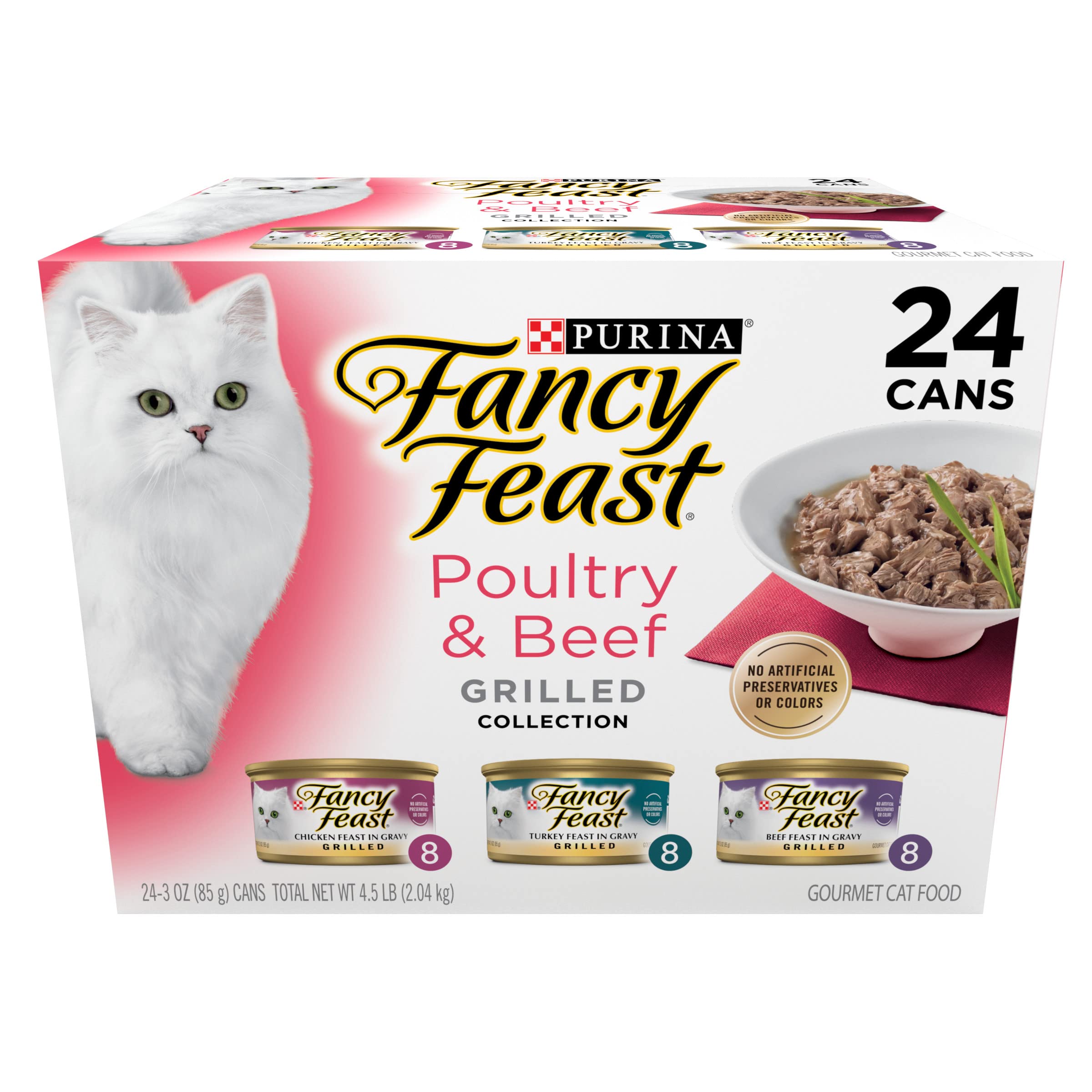 Fancy Feast Grilled — Alimento Húmedo para Gatos Variedad Aves y Res en Salsa Ligera — Pack de 24 Latas de 85g