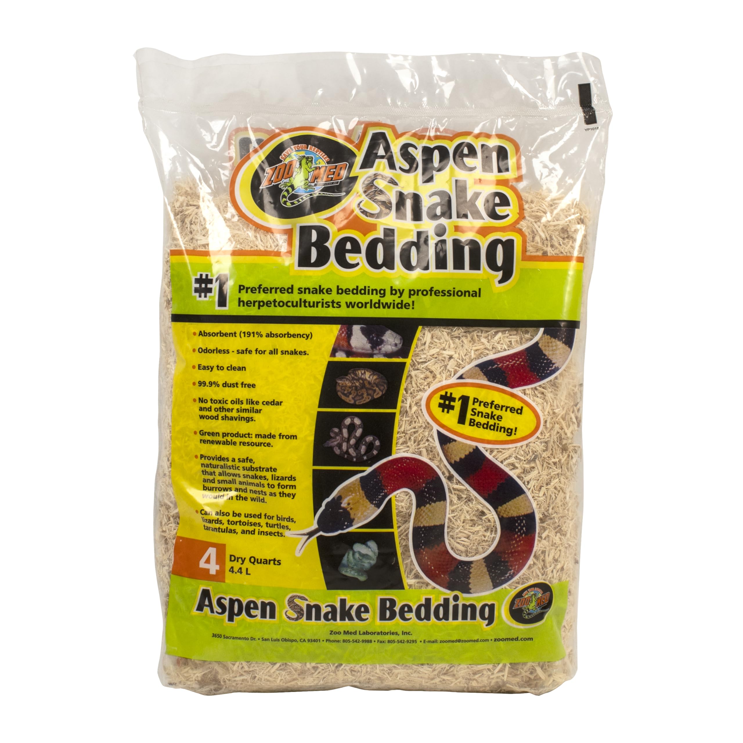 Zoo Med Aspen Snake Bedding — Sustrato Natural de Álamo para Serpientes, Lagartos, Tortugas, Tarántulas e Insectos, 4 Quartos (casi 4 litros), 99.9% Libre de Polvo
