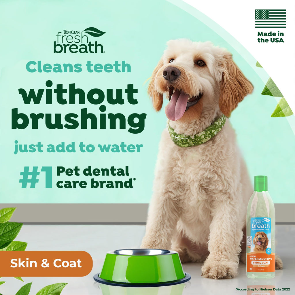 TropiClean Fresh Breath — Aditivo Dental para Agua, Limpieza de Dientes y Aliento Fresco para Perros