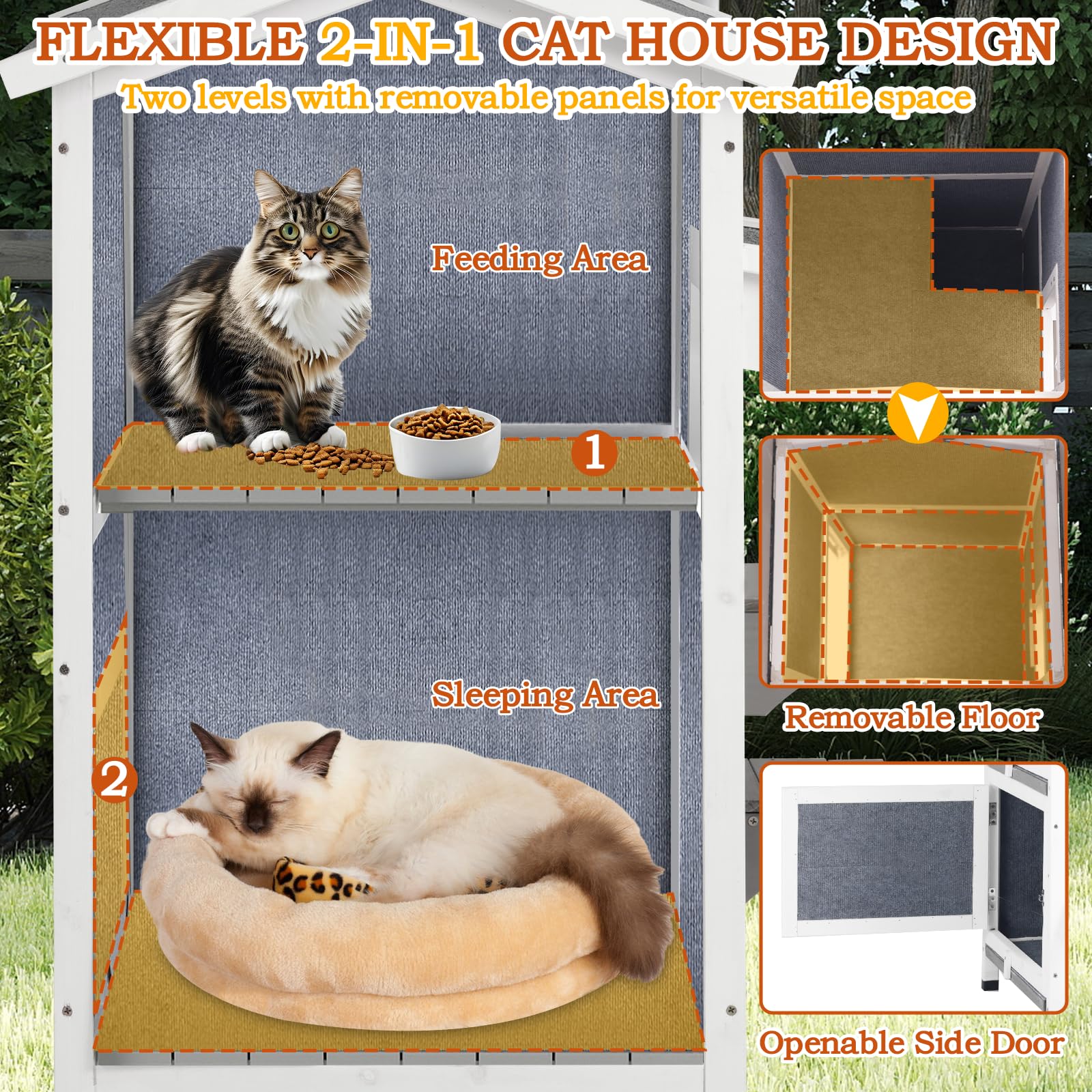 PetsCosset — Casa para Gatos de Madera de Dos Pisos con Techo Impermeable Abatible y Puertas de Escape para Uso Exterior e Interior