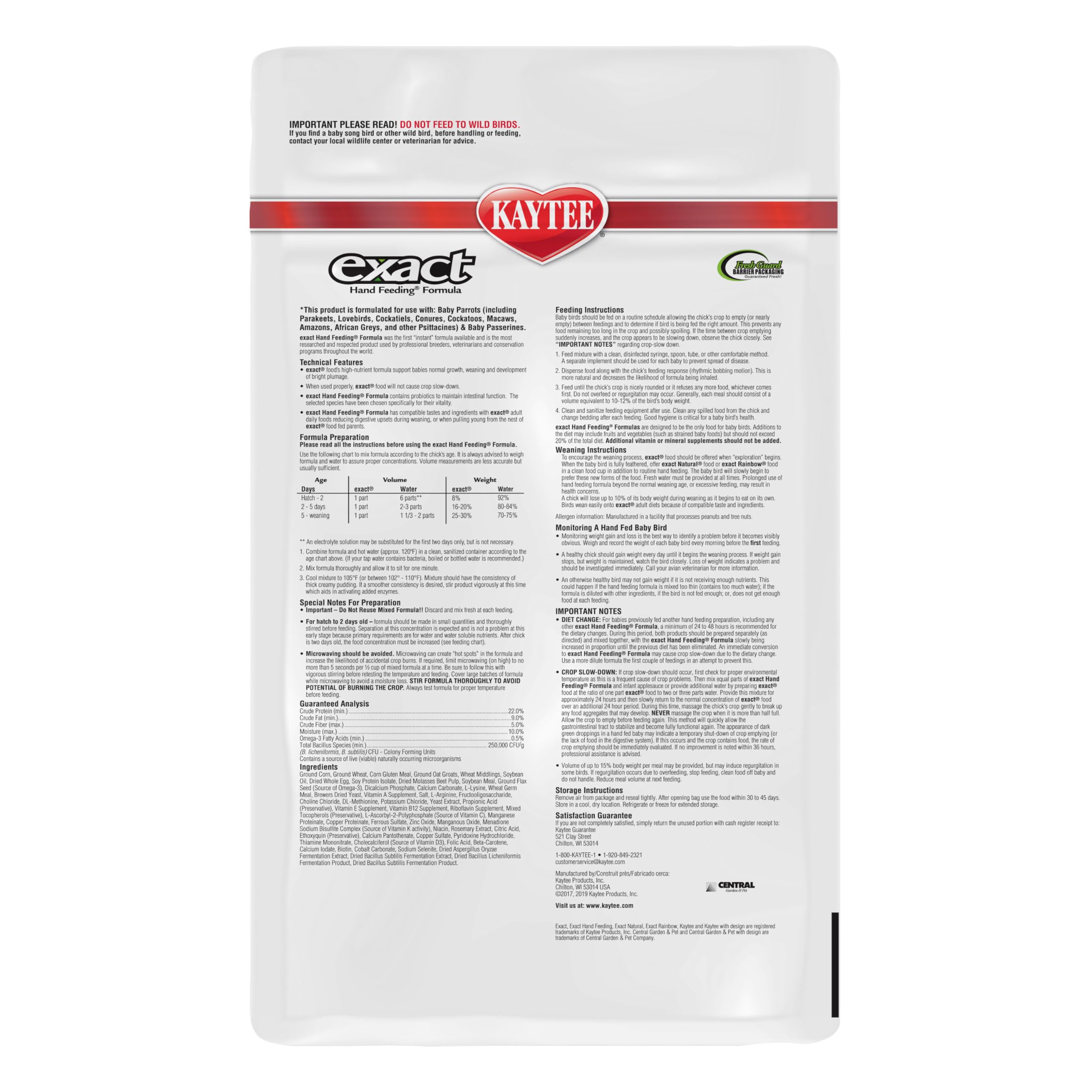 Kaytee Exact — Alimento de Mano para Bebés de Aves Grandes (Guacamaya, Loro Africano, Eclectus, Caiques y Bebés Menores de 2 Semanas) 2.27 kg