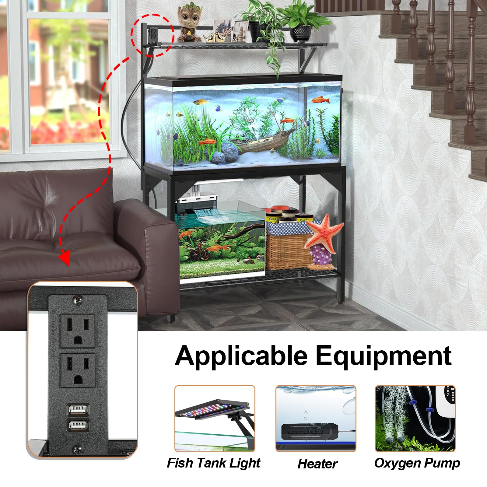SFESGRER — Soporte para Acuario de 150-190 Litros con Estación de Carga — Mueble Metálico Resistente para Pecera o Terrario de Reptiles