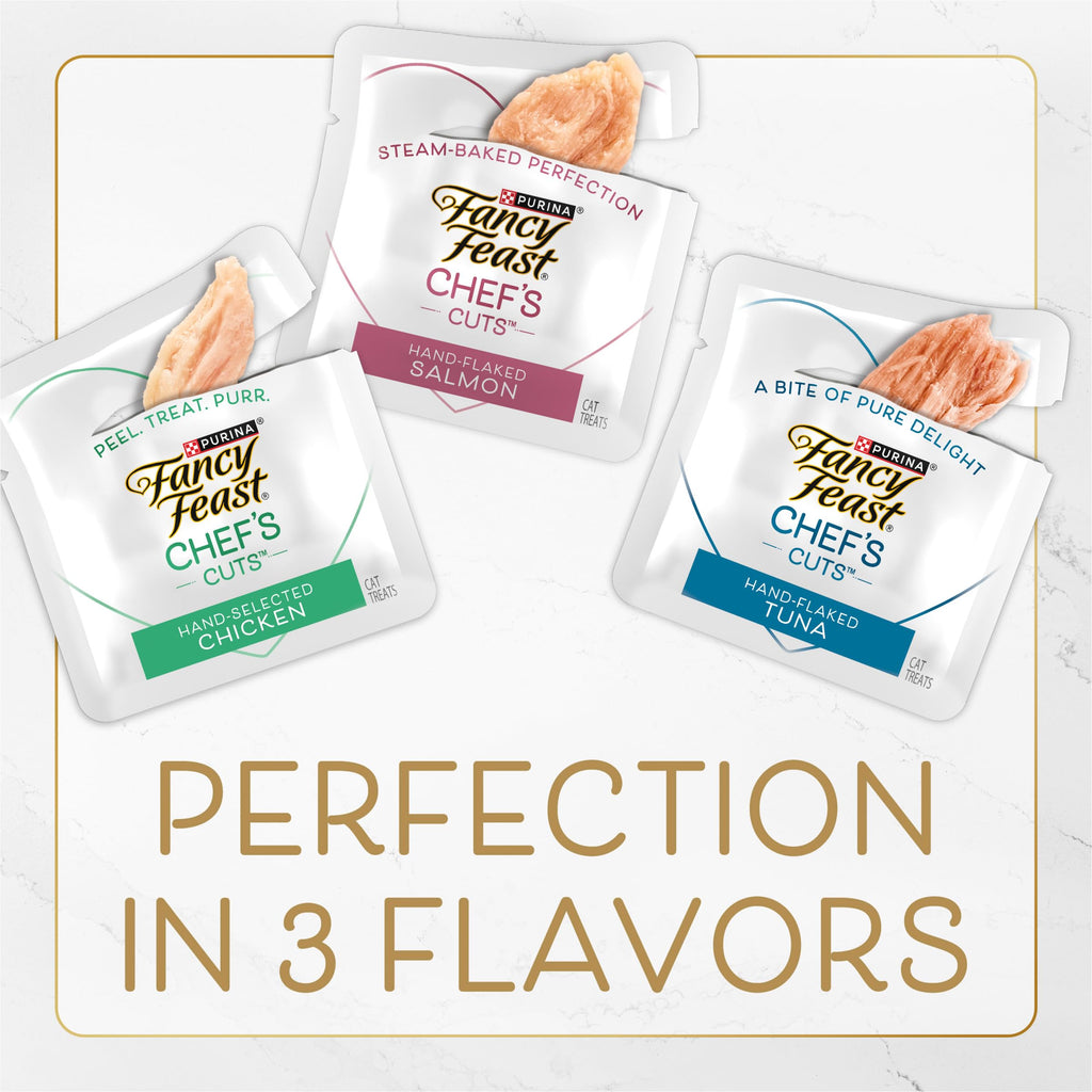 Purina Fancy Feast Purely Natural — Paquete Variado de Snacks para Gatos con Pollo, Atún y Salmón (5 sobres de 10 piezas c/u)