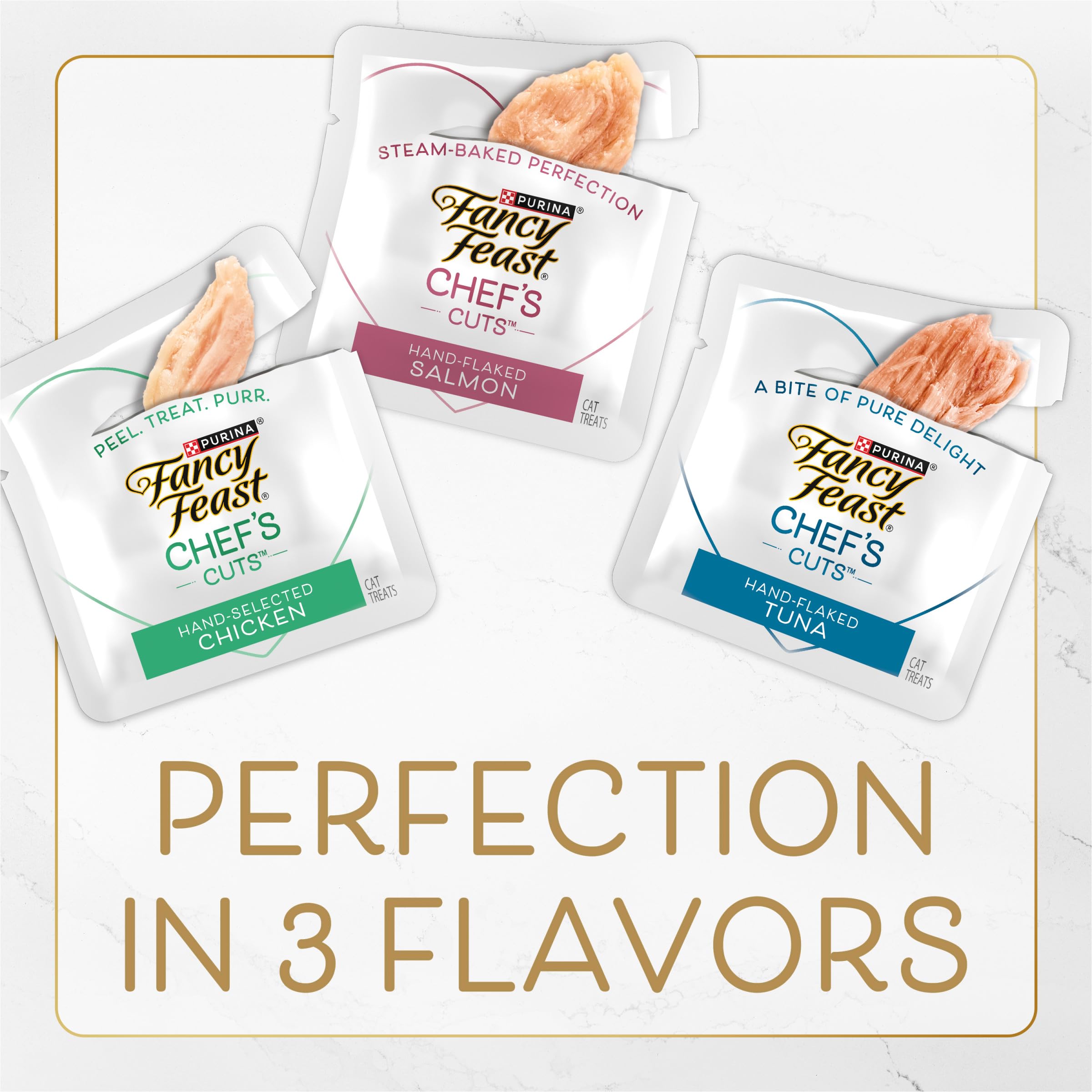 Purina Fancy Feast Purely Natural — Paquete Variado de Snacks para Gatos con Pollo, Atún y Salmón (5 sobres de 10 piezas c/u)