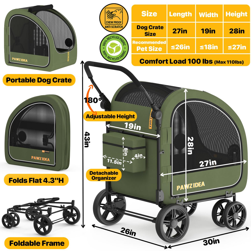 PAWZIDEA 3-in-1 Large Dog Stroller with Detachable Carrier up to 80lbs, Portable Dog Car Crate & Travel Kennel, Foldable Pet Stroller for 2 Medium Dogs, All-Terrain 9” Jogger Wheels, Adjustable Handle