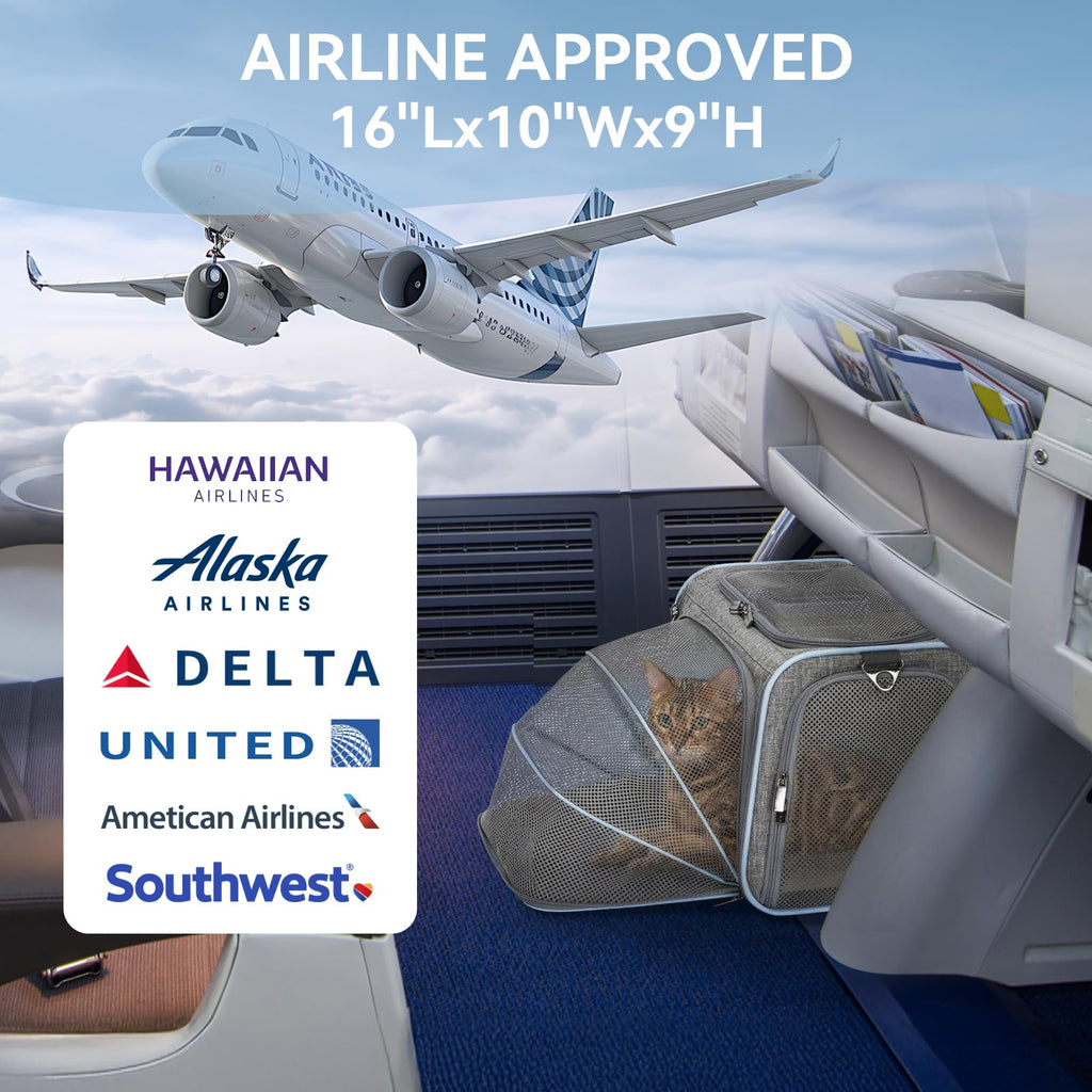 Petsfit — Transportadora Expandible para Gatos y Perros Pequeños, Aprobada por Aerolíneas, Plegable, Lavable y a Prueba de Escapes con 2 Paneles de Expansión