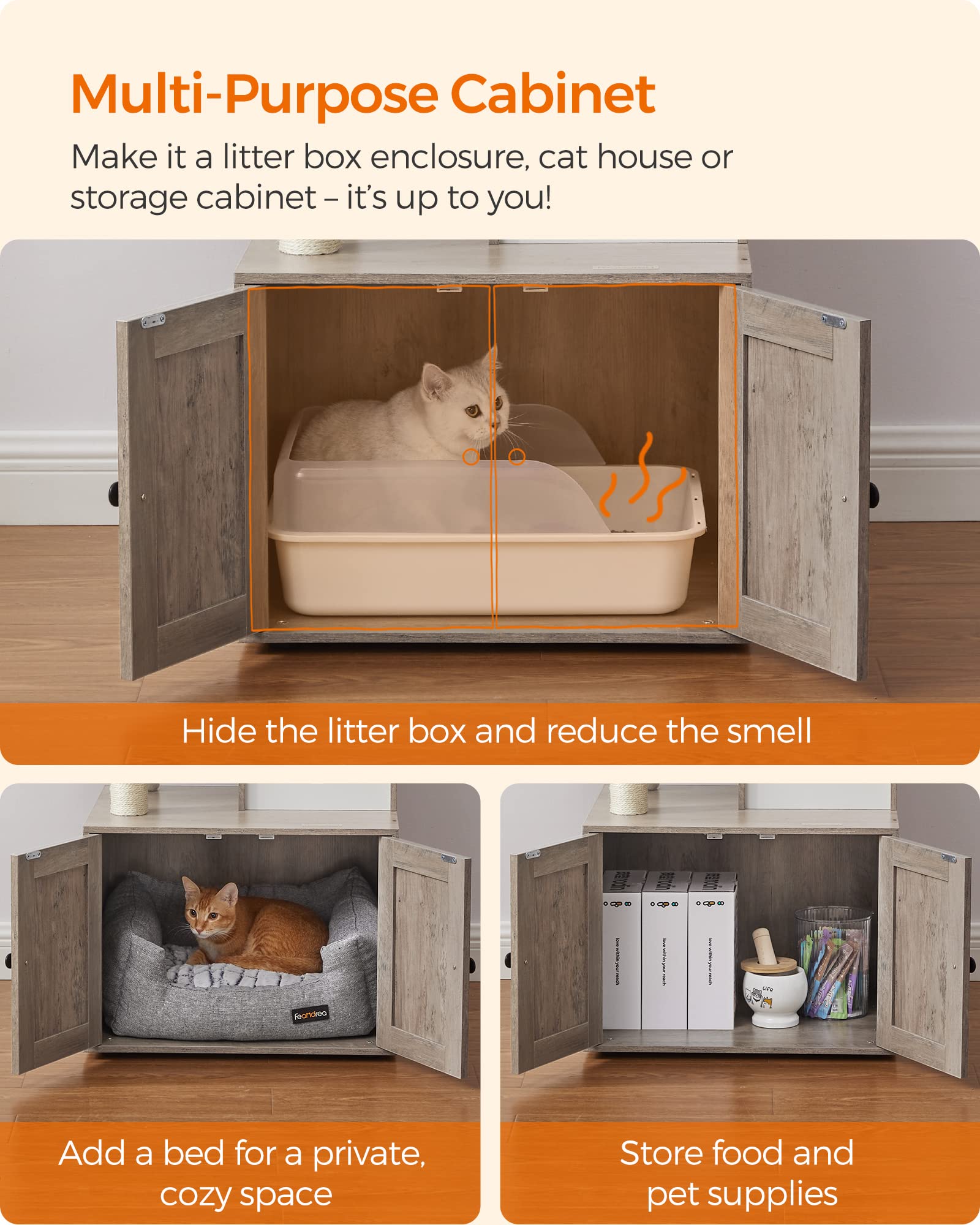 Feandrea Torre Rascador para Gato con Mueble para Arenero Integrado — Centro de Actividades 2 en 1 con Cojines Lavables y Postes de Sisal