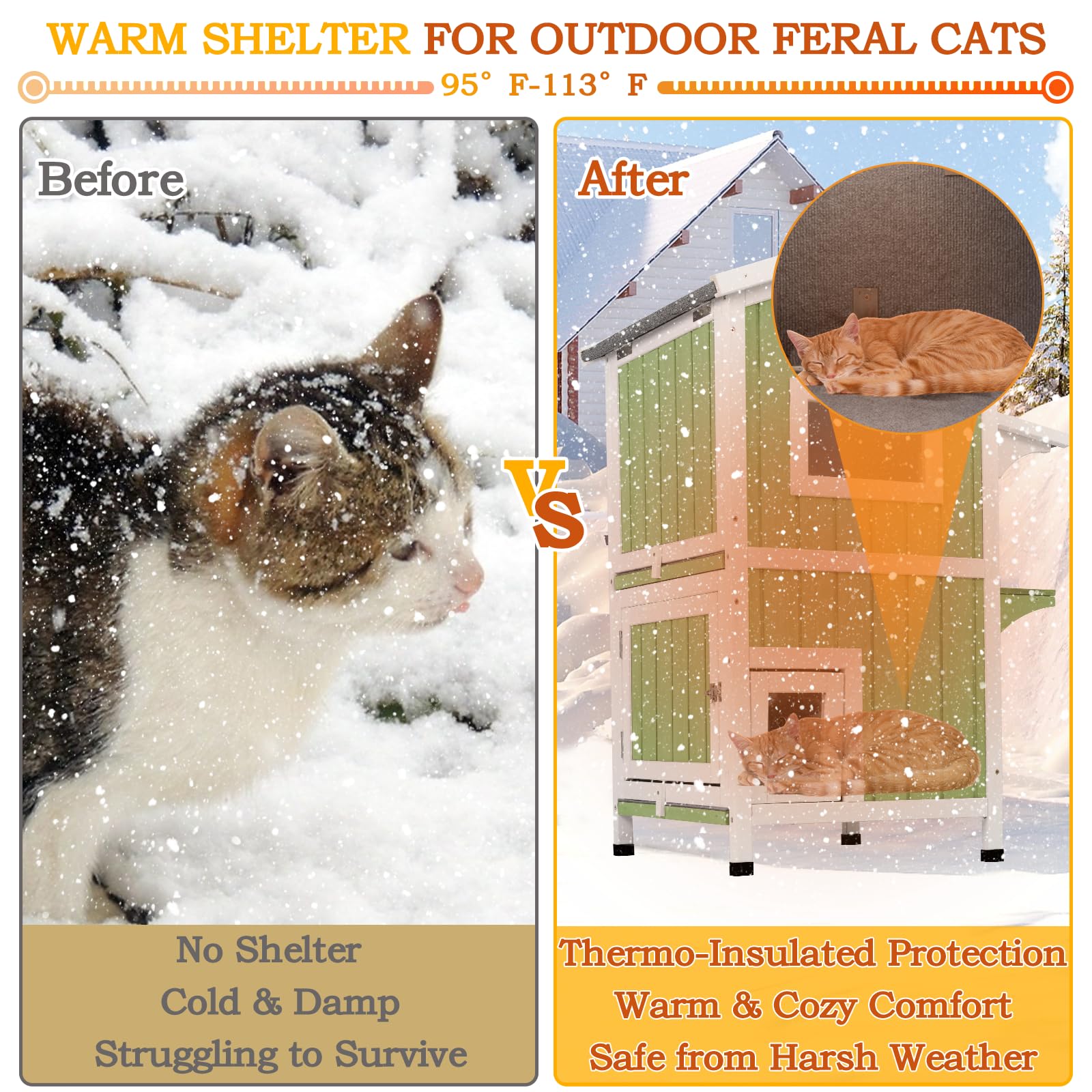 PetsCosset — Casa para Gatos de Madera de Dos Pisos con Techo Impermeable Abatible y Puertas de Escape para Uso Exterior e Interior