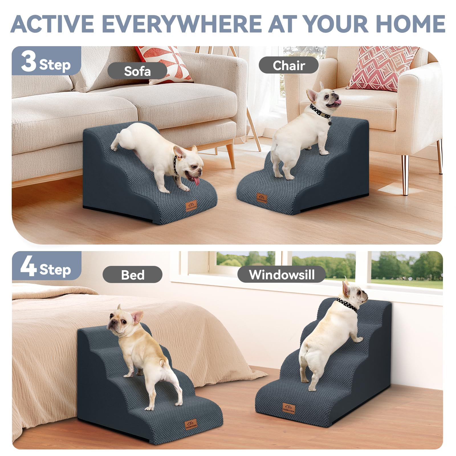 Zerbuger — Escalera y Rampa de Espuma para Perros y Gatos — Escalones Antideslizantes para Cama, Sofá y Silla