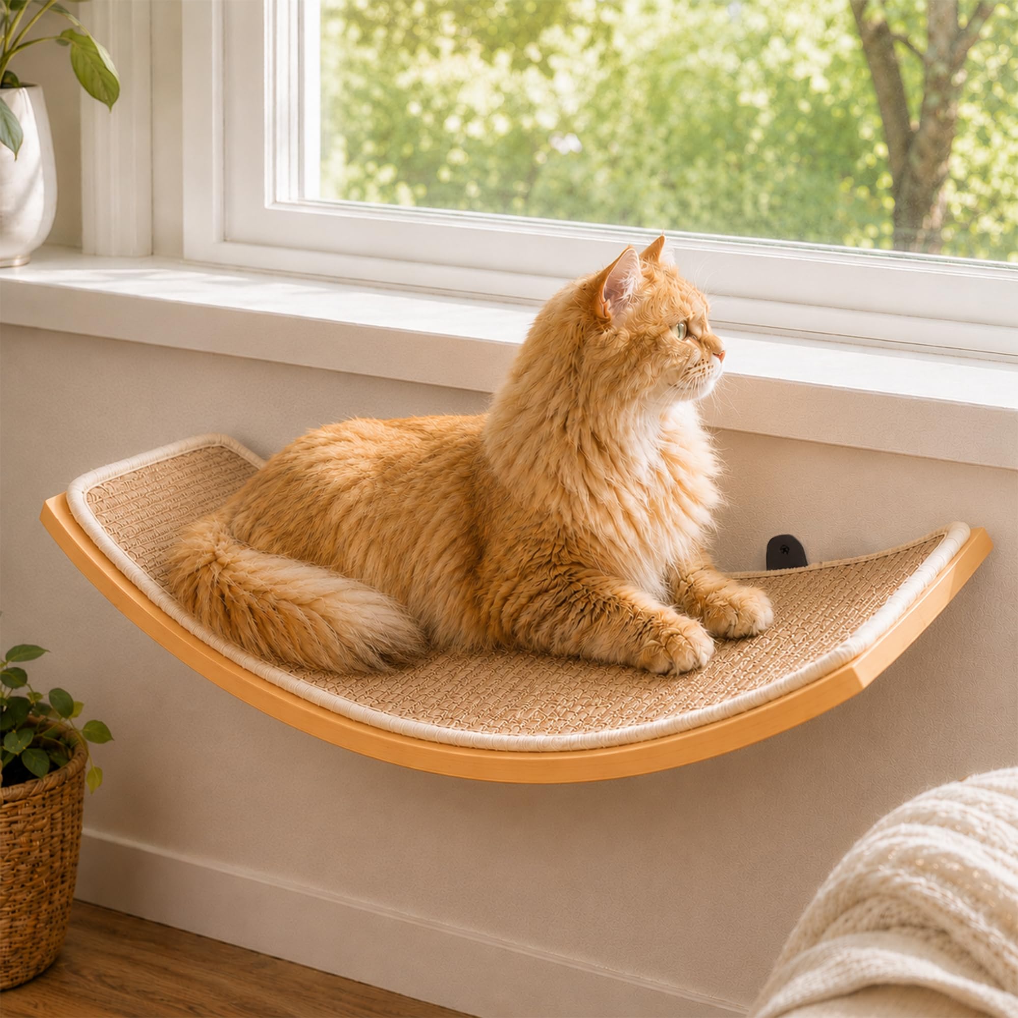 PELUO Curved — Cama Flotante para Gato con 2 Escalones de Pared y Percha de Ventana
