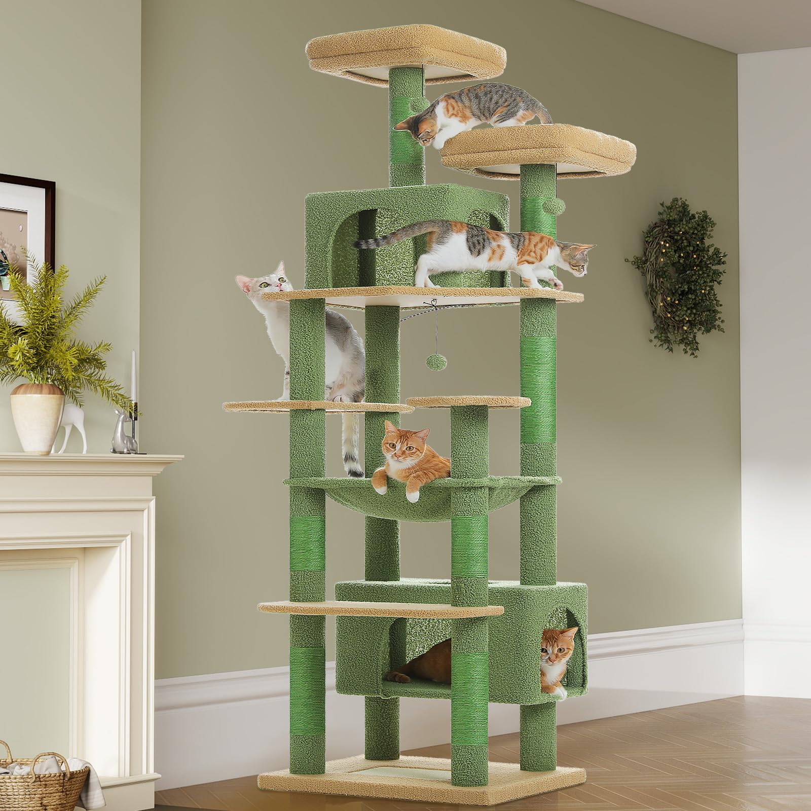 PAWZ Road 72-81 Inches Large Cat Tree, Tall Cat Tower with Large Mental Hammock for Indoor Cats Adults,7 Sisal-Covered Scratching Posts, 2 Padded Perches, Condos, and Basket