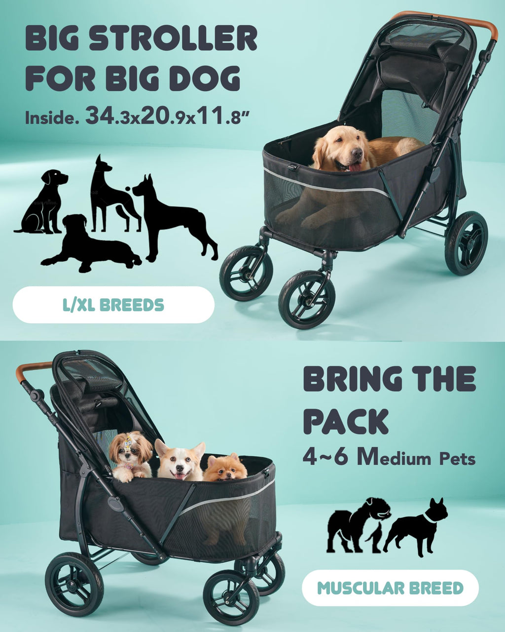 Carriola para Perros Grandes Zoosky hasta 50 kg — Carriola XL para Múltiples Mascotas con Doble Ventana de Malla, Manubrio Ajustable y Tela Oxford 1680D Resistente al Agua, Todo Terreno