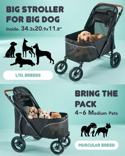 Carriola para Perros Grandes Zoosky hasta 50 kg — Carriola XL para Múltiples Mascotas con Doble Ventana de Malla, Manubrio Ajustable y Tela Oxford 1680D Resistente al Agua, Todo Terreno