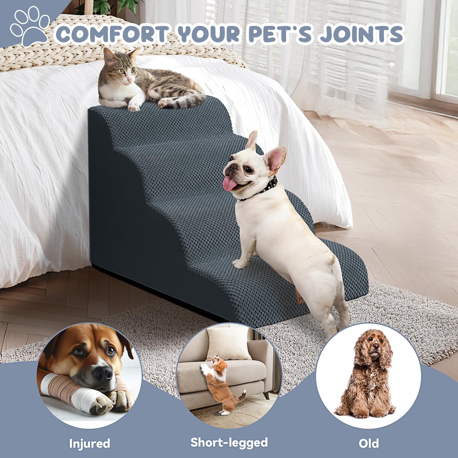 Zerbuger — Escalera y Rampa de Espuma para Perros y Gatos — Escalones Antideslizantes para Cama, Sofá y Silla