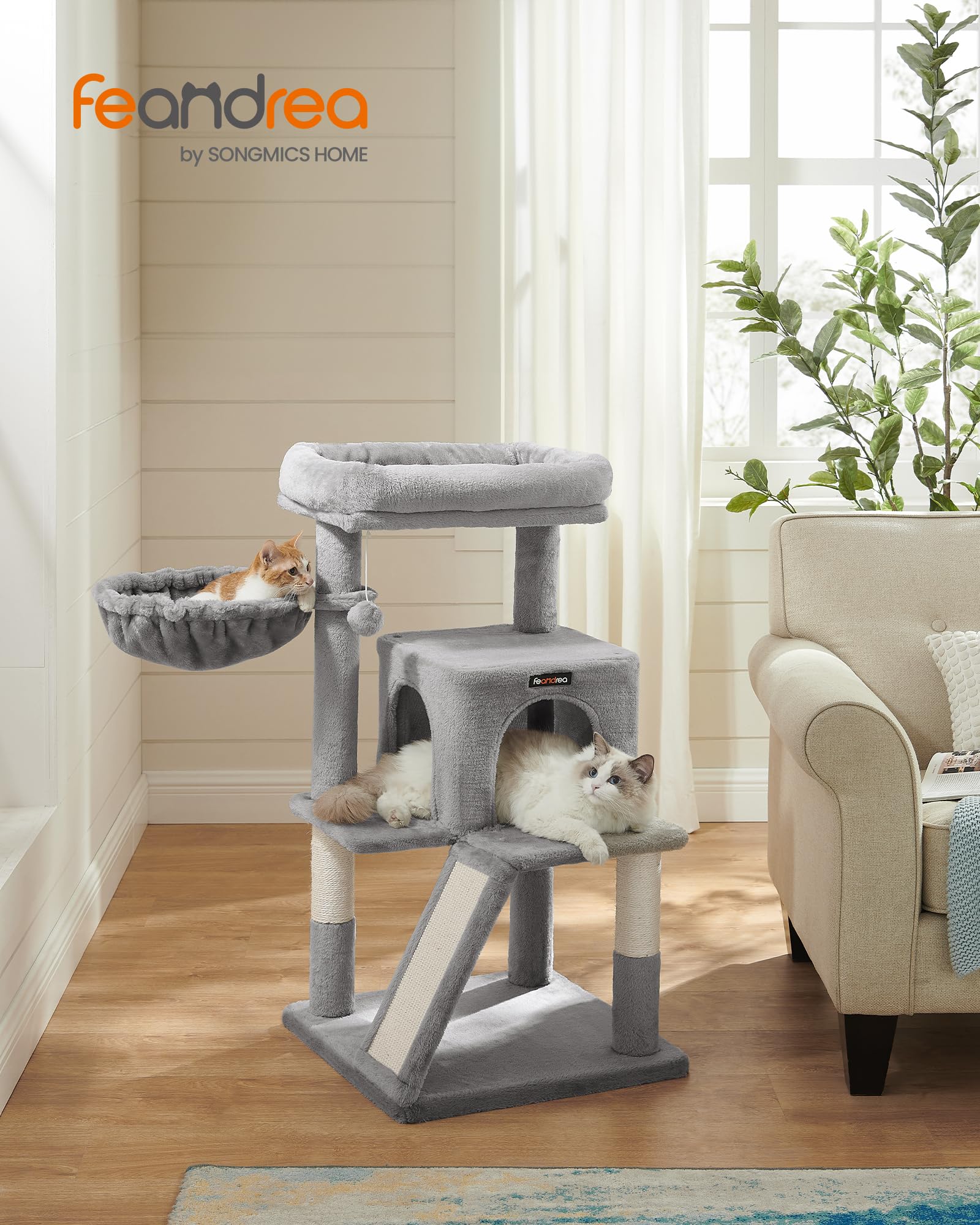 Feandrea Torre para Gatos Multinivel — Árbol Rascador con Percha Ampliada para Gatos Grandes y Cachorros, 96 cm