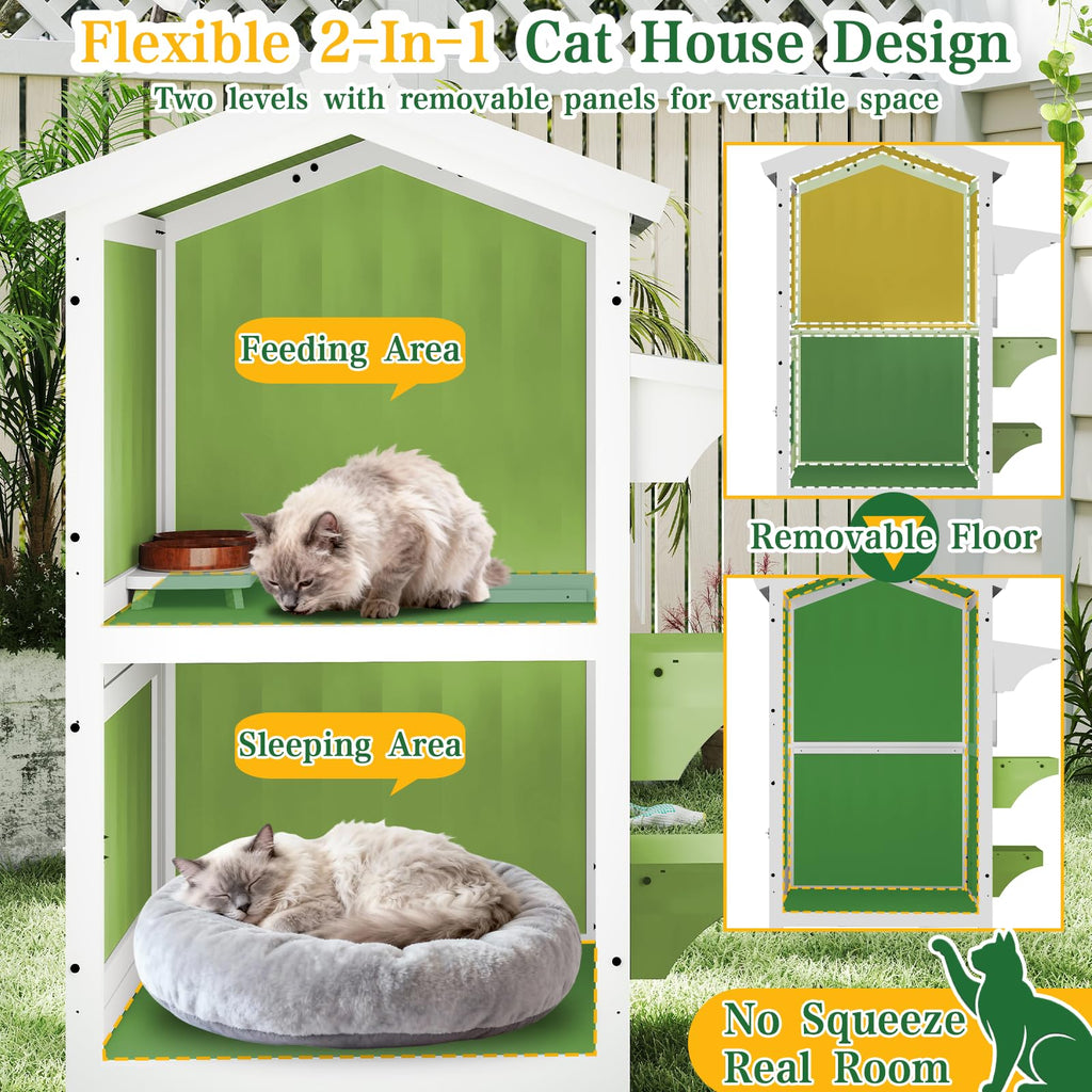 PetsCosset — Casa para Gatos de Madera de Dos Pisos con Techo Impermeable Abatible y Puertas de Escape para Uso Exterior e Interior