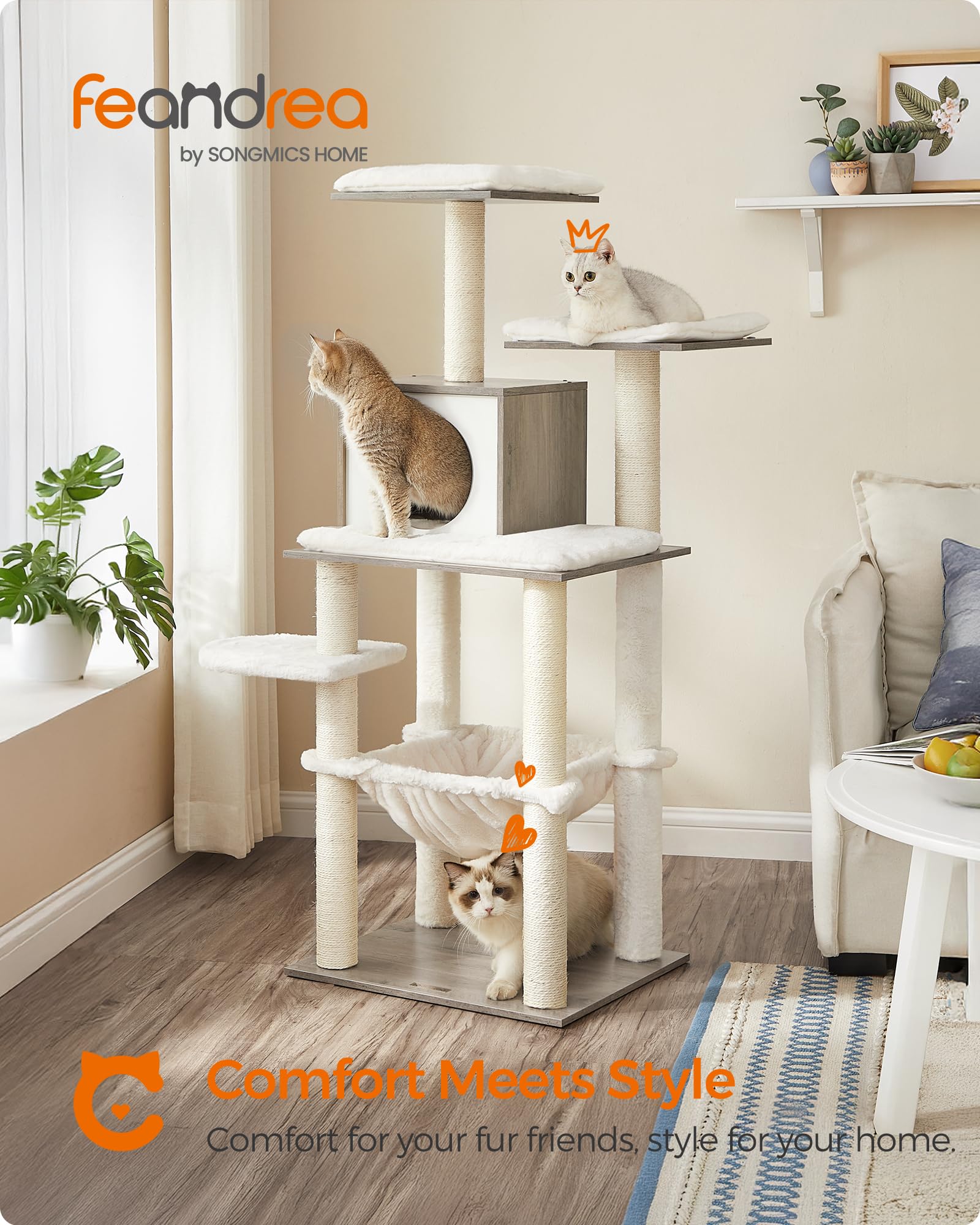 Feandrea — Torre Rascador para Gatos con Perchas, Plataformas y Postes de Sisal