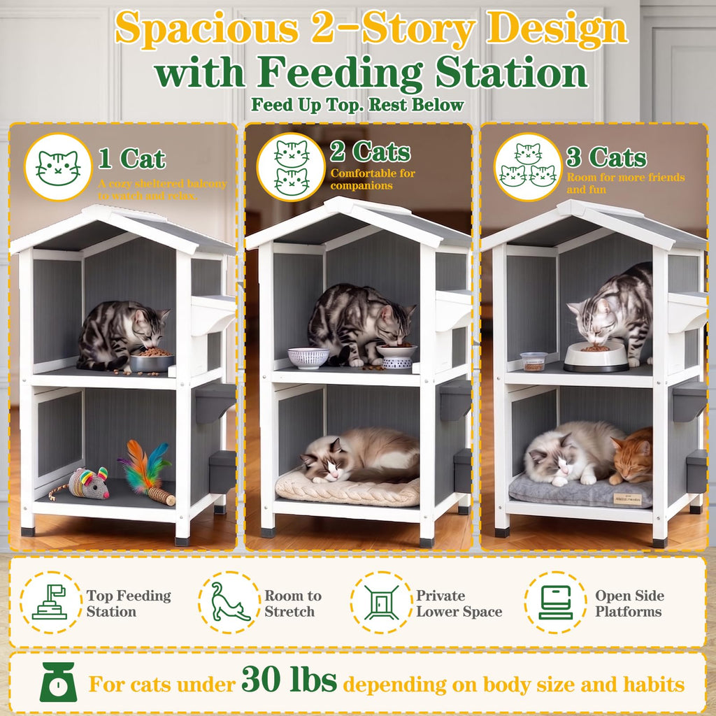 PetsCosset — Casa para Gatos de Madera de Dos Pisos con Techo Impermeable Abatible y Puertas de Escape para Uso Exterior e Interior