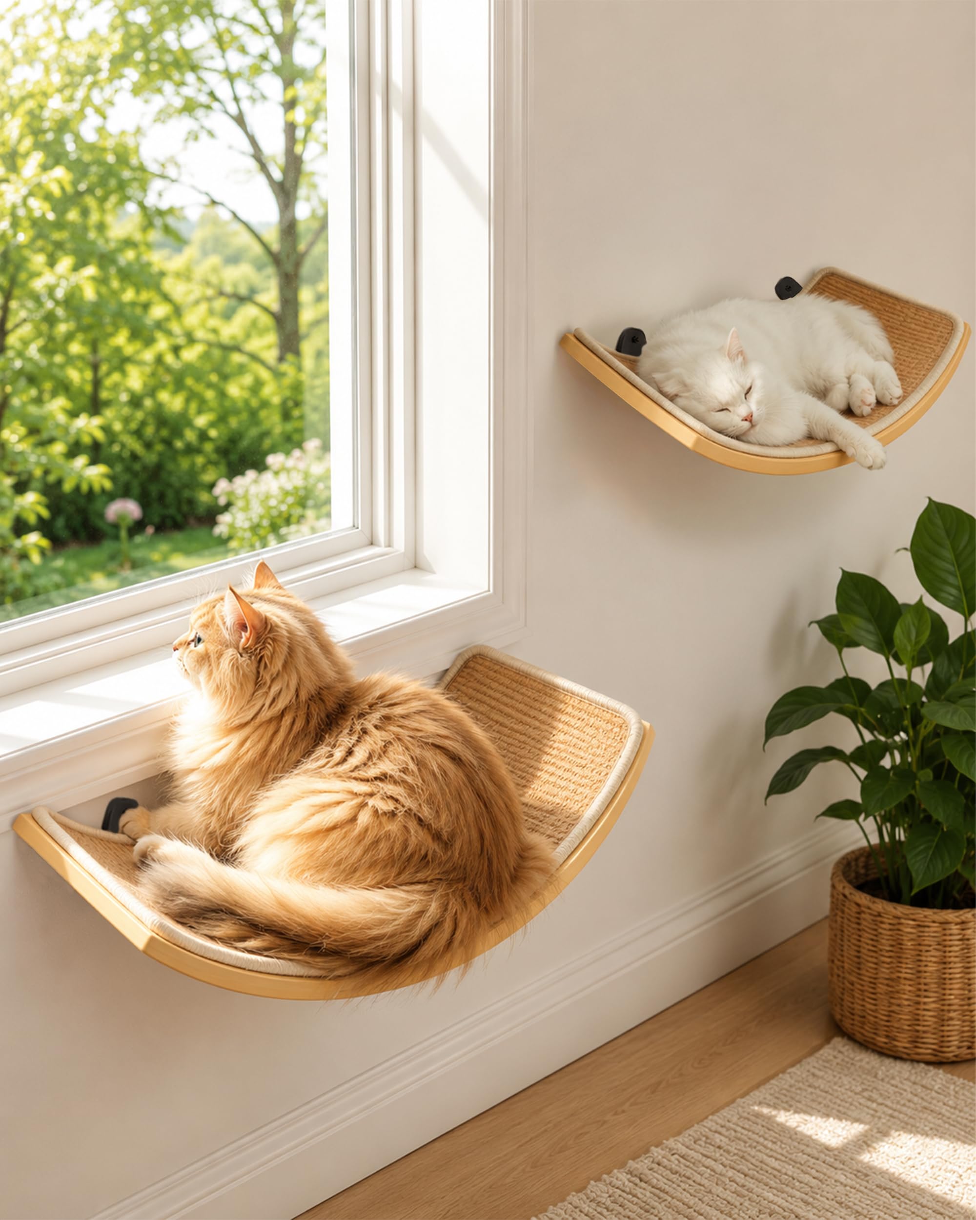PELUO Curved — Cama Flotante para Gato con 2 Escalones de Pared y Percha de Ventana