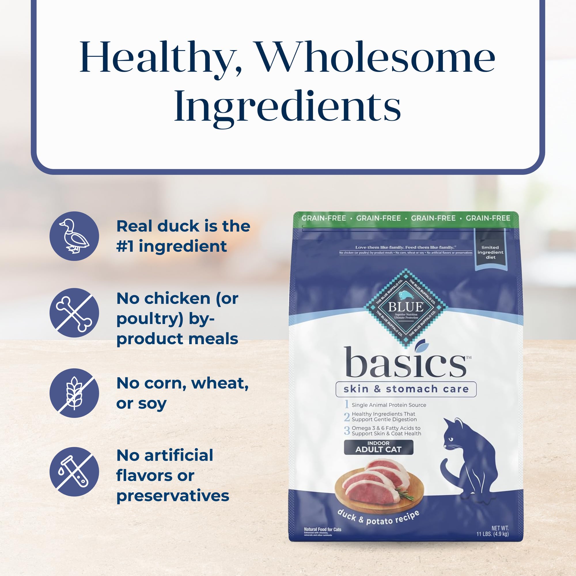 BLUE BUFFALO Basics Indoor — Alimento para Gato Adulto Sin Granos para Piel y Estómago Sensible