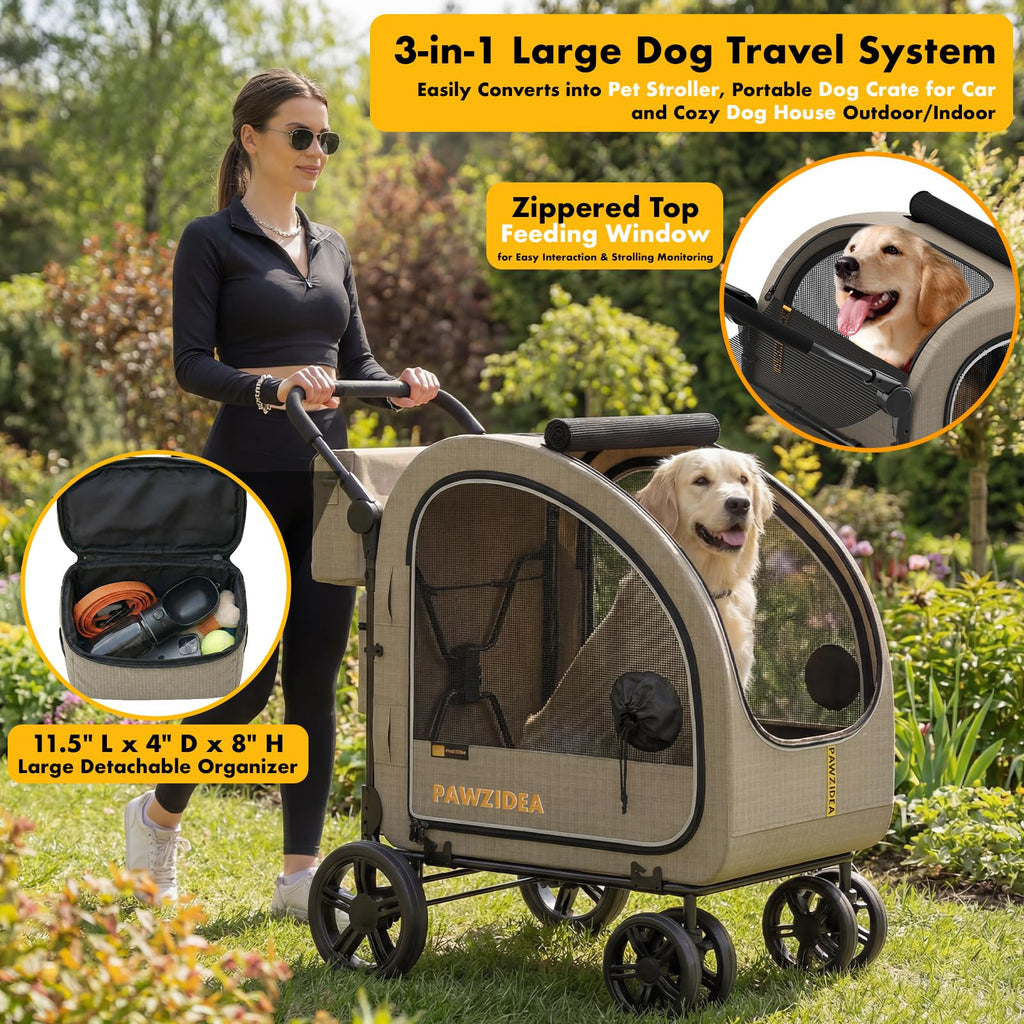 PAWZIDEA 3-in-1 Large Dog Stroller with Detachable Carrier up to 80lbs, Portable Dog Car Crate & Travel Kennel, Foldable Pet Stroller for 2 Medium Dogs, All-Terrain 9” Jogger Wheels, Adjustable Handle
