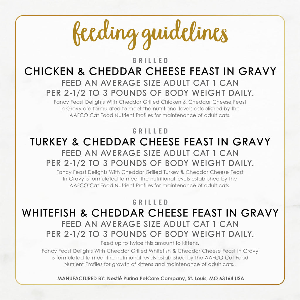 Fancy Feast Delicias con Cheddar — Paquete Variado de Alimento Húmedo para Gatos con Pollo a la Plancha, Pavo o Pescado Blanco en Salsa con Queso Cheddar — 24 Latas de 85g