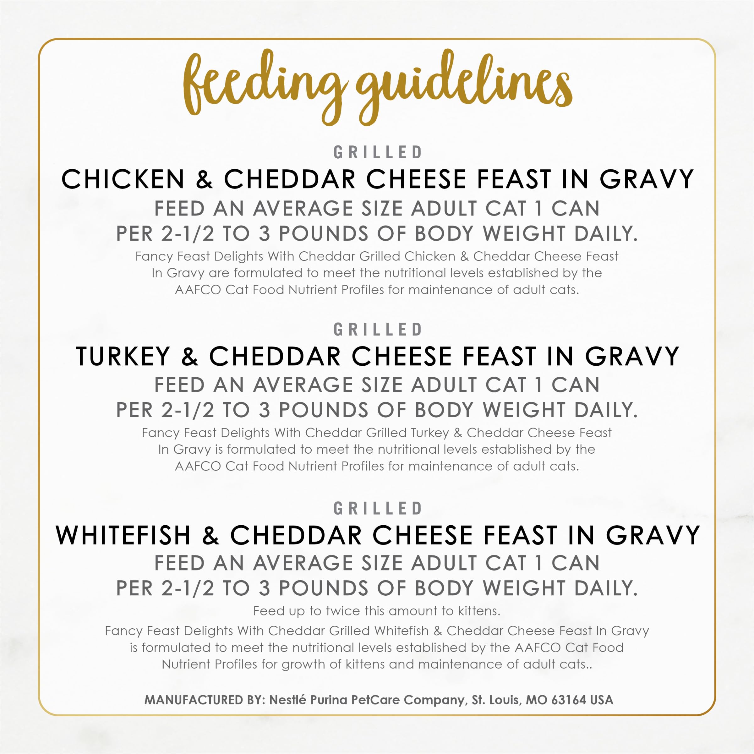 Fancy Feast Delicias con Cheddar — Paquete Variado de Alimento Húmedo para Gatos con Pollo a la Plancha, Pavo o Pescado Blanco en Salsa con Queso Cheddar — 24 Latas de 85g