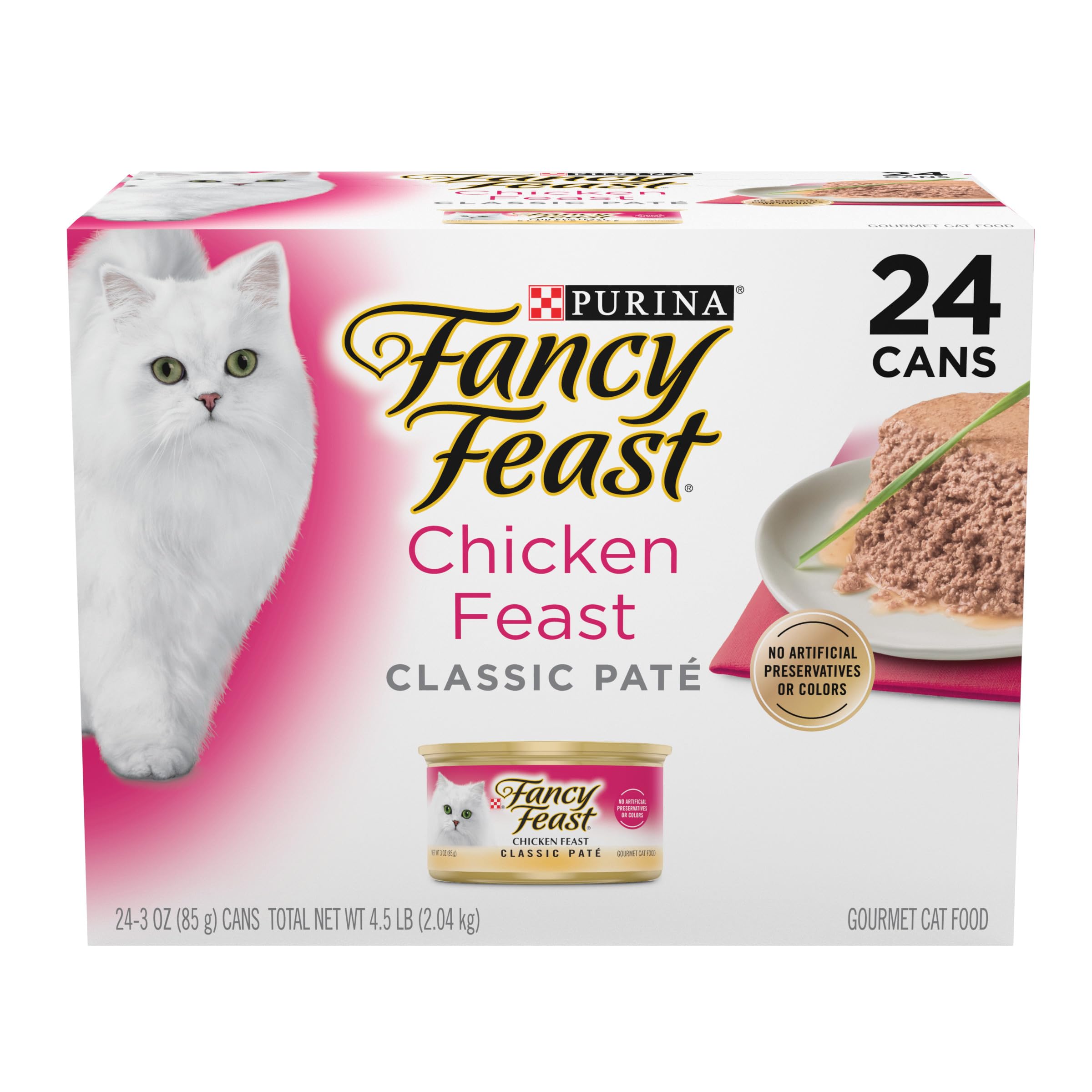 Fancy Feast Colección Clásica Paté de Pollo — Alimento Húmedo para Gatos Sin Granos, Sin Colores ni Conservadores Artificiales — Multipack 24 Latas de 85g